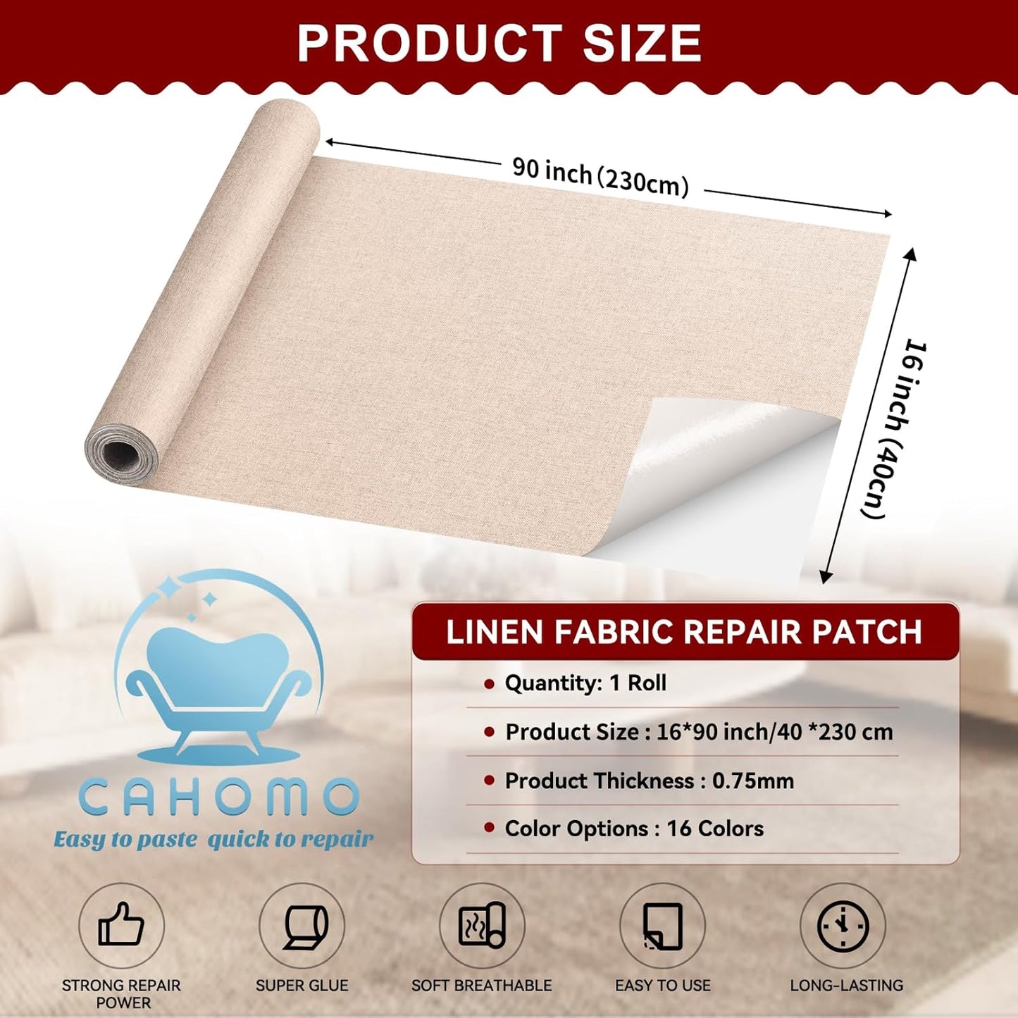 Linen Repair Tape 16x90 inch, Self Adhesive Fabric Patches, Linen Patch Tape Kit, Fabric Repair Tape for Couch Sofas, Headboards, Chairs, Pillows, Curtains, Couches - Dark Red