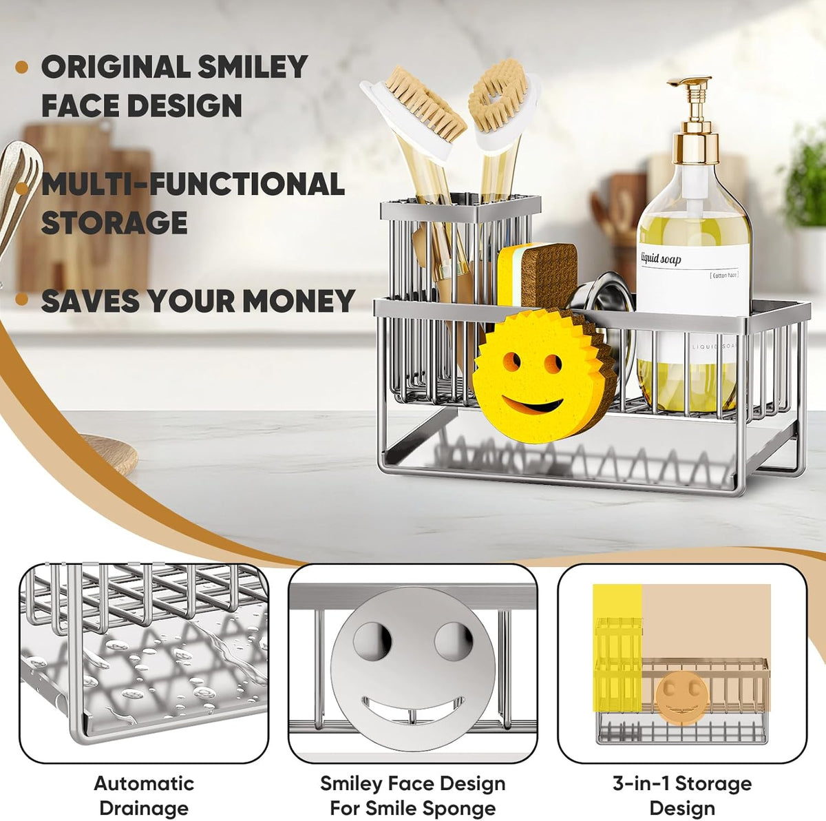 Sponge Holder for Kitchen Sink,Smiley Face Sink Caddy with Removable Brush Holder,Self-Draining Sponge Caddy for Soap,Dish Brush,Scrubber,Kitchen Essentials and Gadgets-Silver