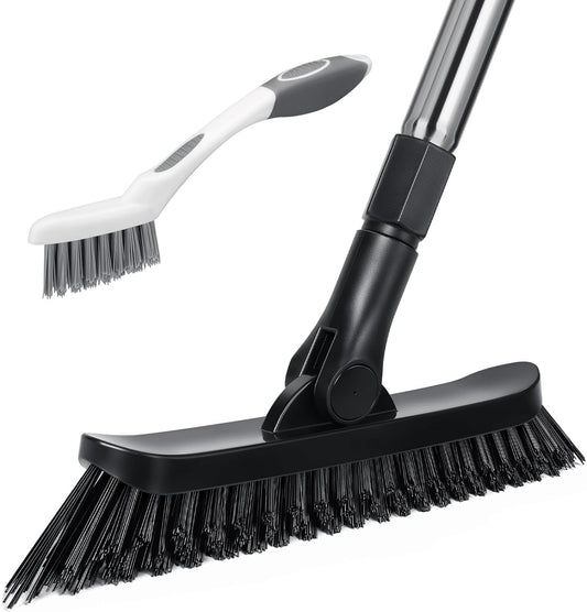 Qaestfy Grout Brush with Long Handle for Cleaning, Stiff Bristles Handheld Tile Scrub Brush, V-Shape Crevice Cleaning Brush for Floor Deep Cleaning