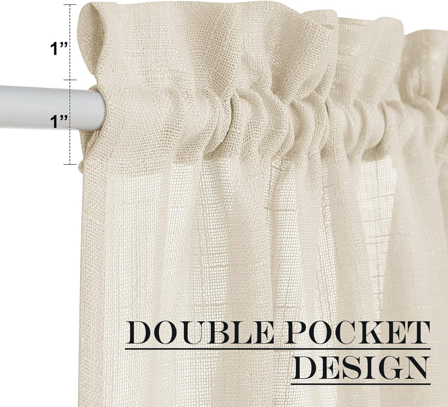 NICETOWN Faux Linen Kitchen Bathroom Door Curtains 40 Inches Length, Farmhouse Dual Rod Pocket Sheer French Door Curtains for Glass with Tieback for Privacy Protection, 1 PC, 36x40, Beige