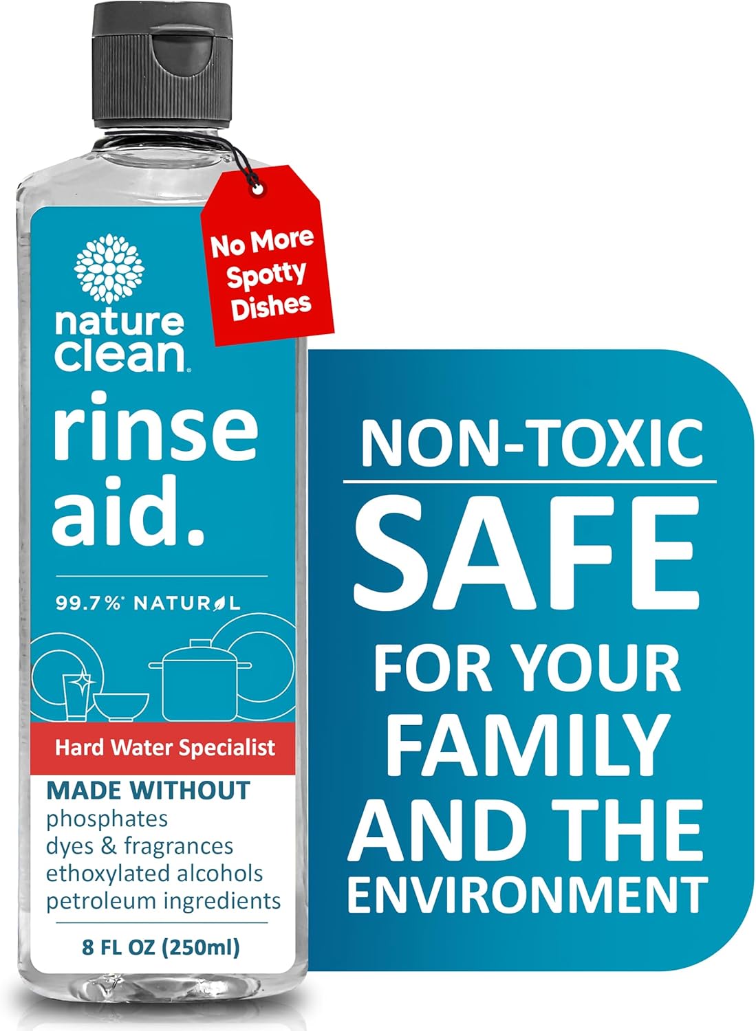 Nature Clean All Natural Dishwasher Rinse Aid Cleaner, Liquid Dishwasher Rinse Agent for Spot-Free Glass & Cutlery in Hard Water, Non Toxic Dish Washer Rinse Aid & Stain Remover, 8 oz/250ml, Pack of 1