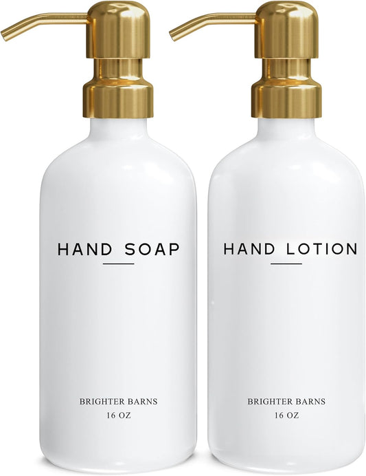Luxury Glass Soap and Lotion Dispenser Set by Brighter Barns - Liquid Soap Dispenser Bathroom Set - White and Gold Bathroom Accessories for Vacation Rental, Airbnb, Hotel, Wedding Gift (Gold)