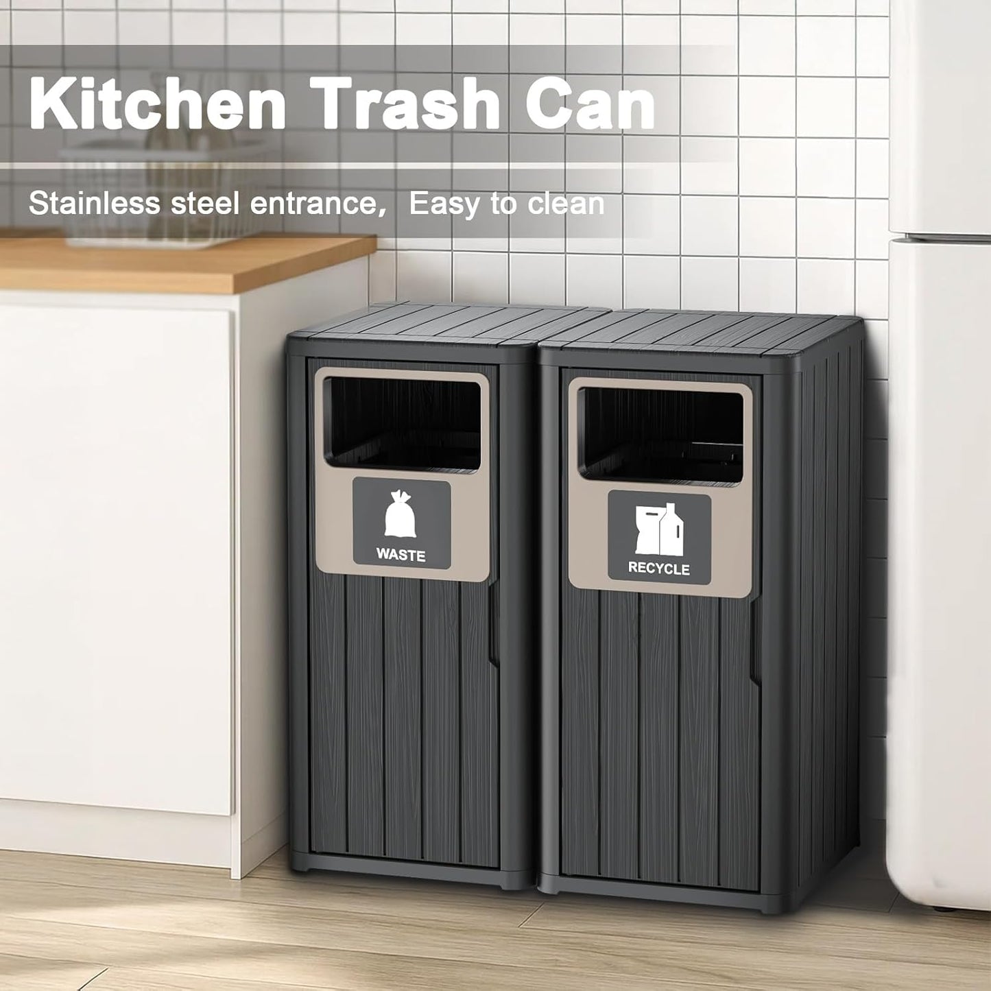 Outdoor Double Barrel Trash Can,Waterproof Resin Garbage Can with Garbage Labels,Durable Waste Bin for Porch, Backyard,Kitchen,for 30 to 39 Gallon Trash Bags