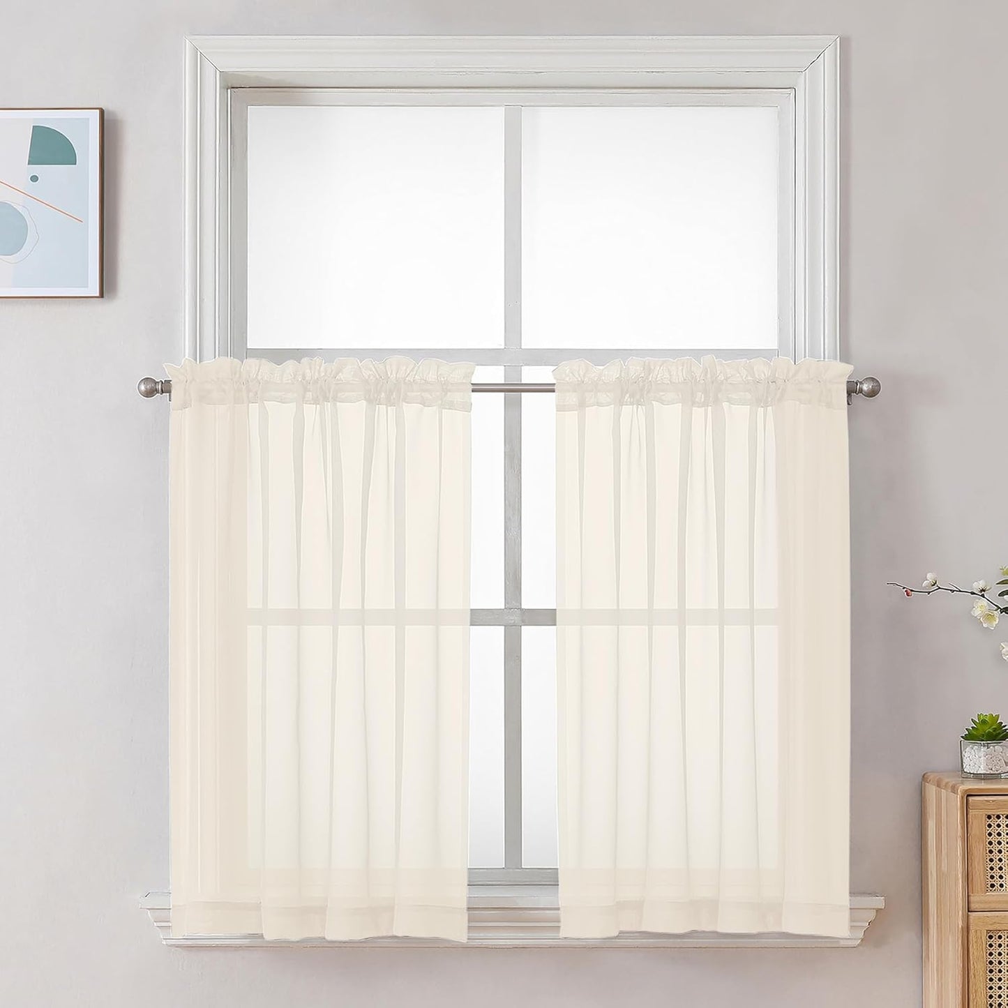 Chyhomenyc Cream Sheer Curtains 36 inch Length 2 Panels Set, Light Filtering Voile Short Window Curtians for Bathroom Living Room Farmhouse Small Windows, Each 42Wx36L in, 2PCS