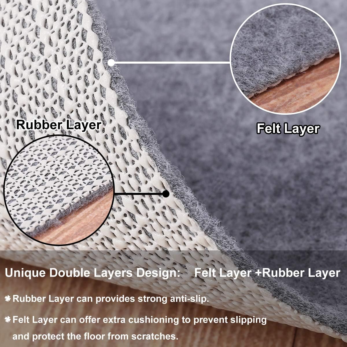 Non Slip Rug Pad Grippers - 5x6, 1/8" Thick, (Felt + Rubber) Double Layers Area Carpet Mat Tap, Provides Protection and Cushioning for Hardwood or Tile Floors