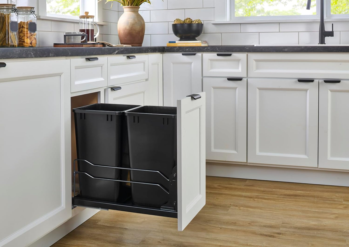 Rev-A-Shelf Double Trash Can Under Kitchen Cabinets Pullout, 35 Quart 8.75 Gallon with Soft-Close Slides, White, 53WC-1835SCDM-211