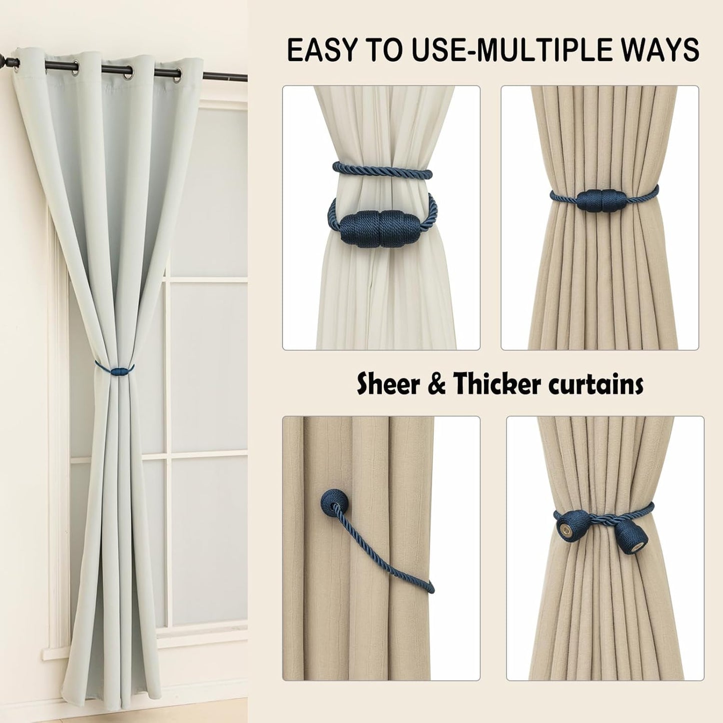 Magnetic Curtain Tiebacks Rope Tie Backs 6 Pack Curtains Holders for Drapes Decorative Window Holdbacks, Blue