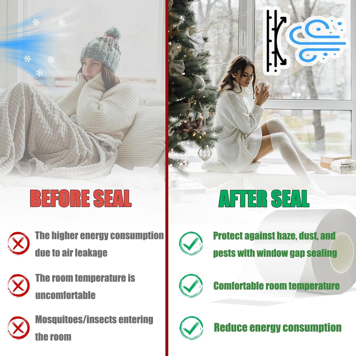 Window Weather Sealing Tape 2 in x 105 FT Weather Stripping Weatherproof Draft Stopper Clear Window Insulation Tape for Doors Windows Garages RVs Energy Saving Kit (2 in x 105 Feet)