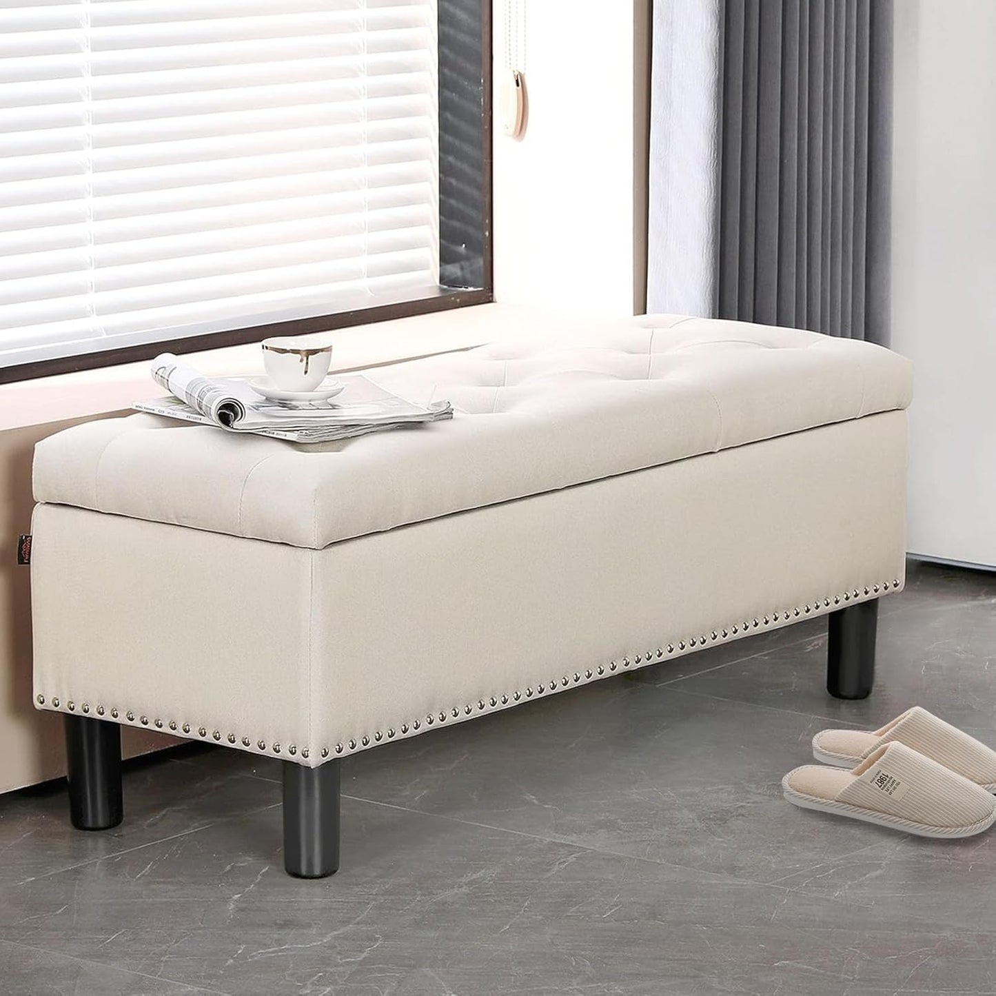Furnimart 42.5 Inch Storage Ottoman Bench, Flip Top End of Bed Storage Bench, Upholstered Blanket Bench for Bedroom, Entryway, Living Room, Tufted Linen (Beige)