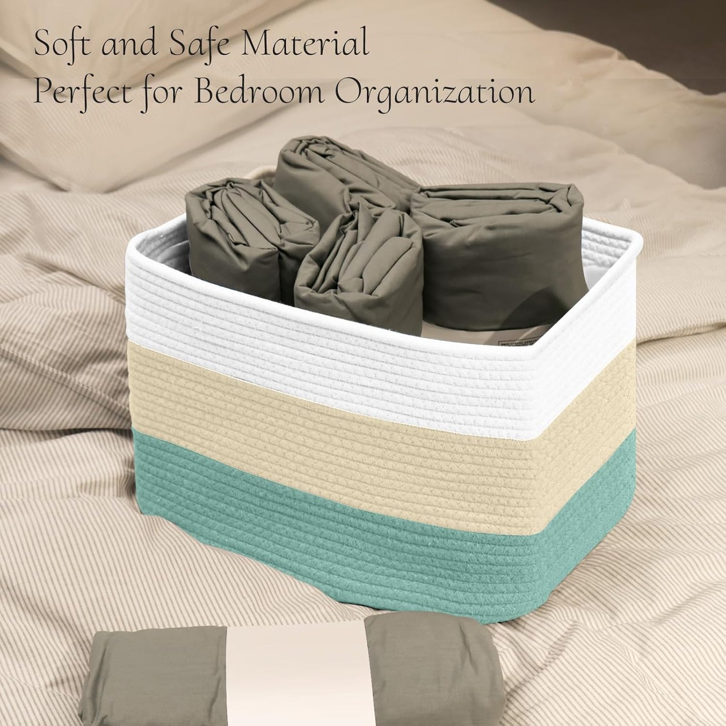 Hopegiver Woven Storage Baskets 15x11x10 Inch, 1 Pack Collapsible Cube Storage Bin for Shelves - Foldable Cotton Rope Organizer Bins for Towels, Toys, Books, Closet, Nursery (White Cream Green)