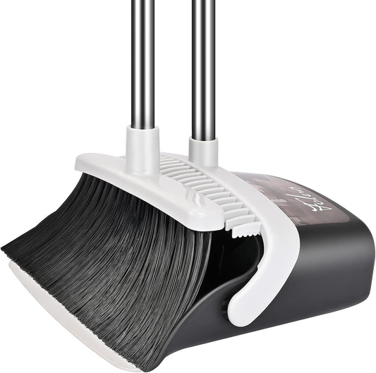 Broom and Dustpan Set, Heavy Duty Dust Pan with Long Handle 51 Inch Broom with Dustpan Combo Set Upright Self-Cleaning Dust Pan Home Kitchen Lobby Indoor Outdoor Sweeping Cleaning Tool - Gray