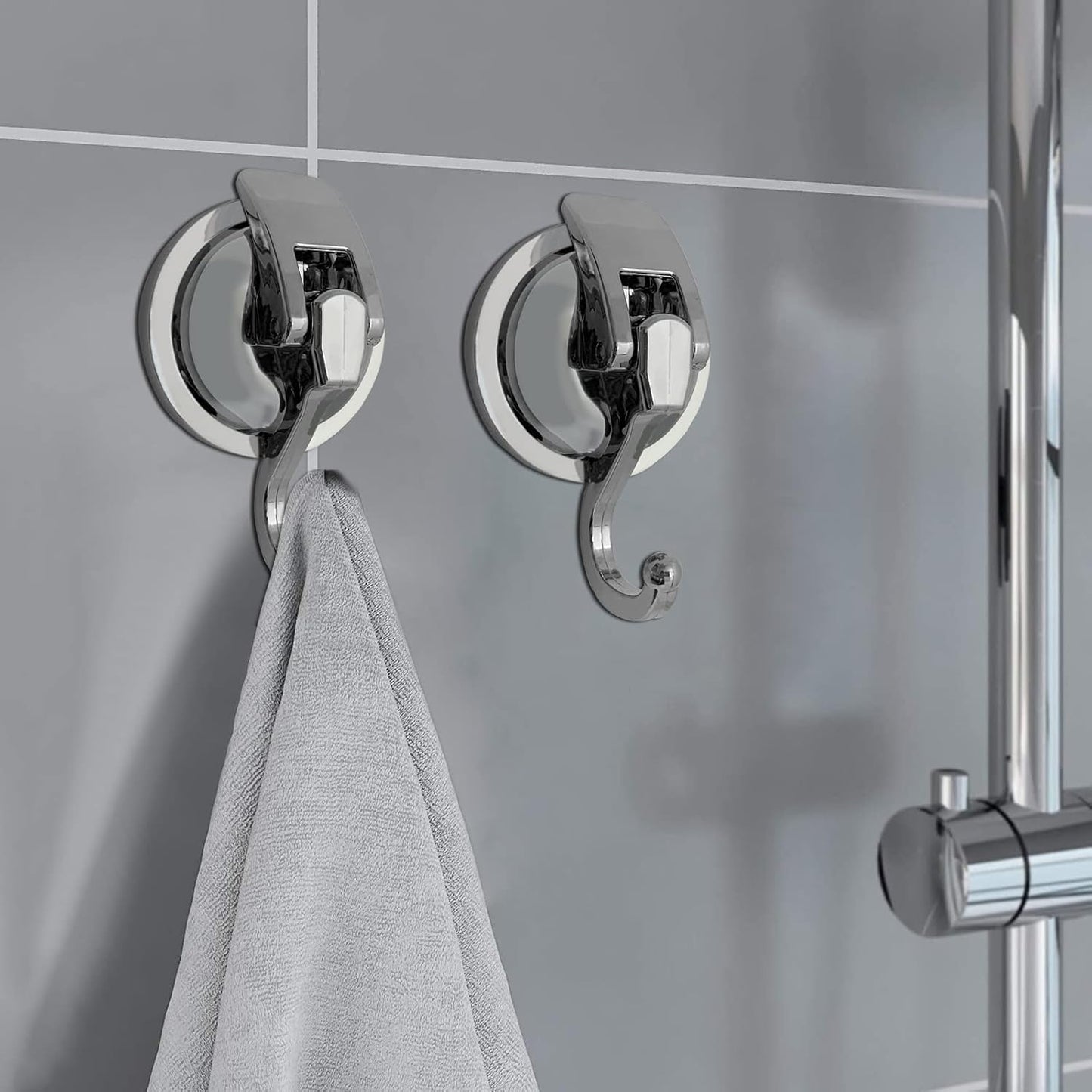 Heavy Duty Suction Cup Hooks for Shower, Bathroom Robe - Vacuum Glass Hooks, Reusable, No Hole Punched, for Garland Decoration (Silver, 6 Pack)