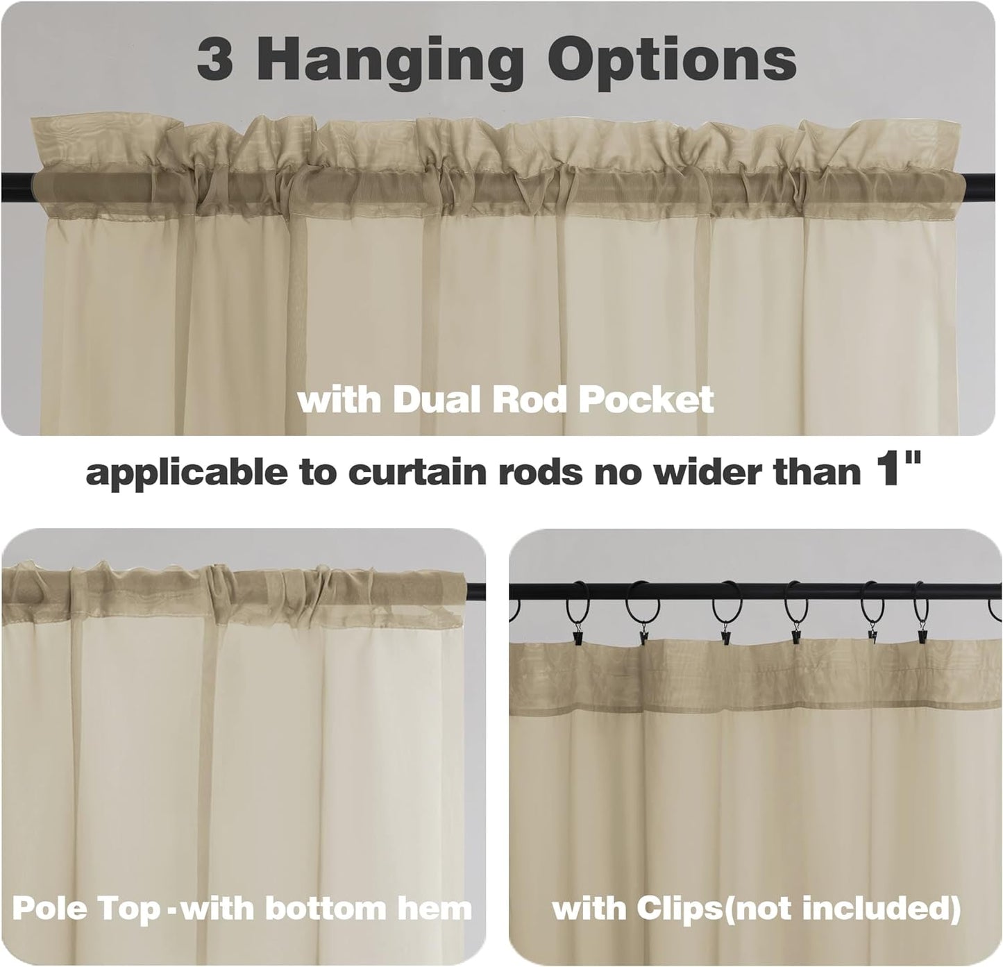 Chyhomenyc Taupe Sheer Curtains 24 Inch Length, Short Window Curtains for Bathroom Living Room Basement, Light Filtering Small Cafe Curtains, 42W x 24L Inches, 2 Panels