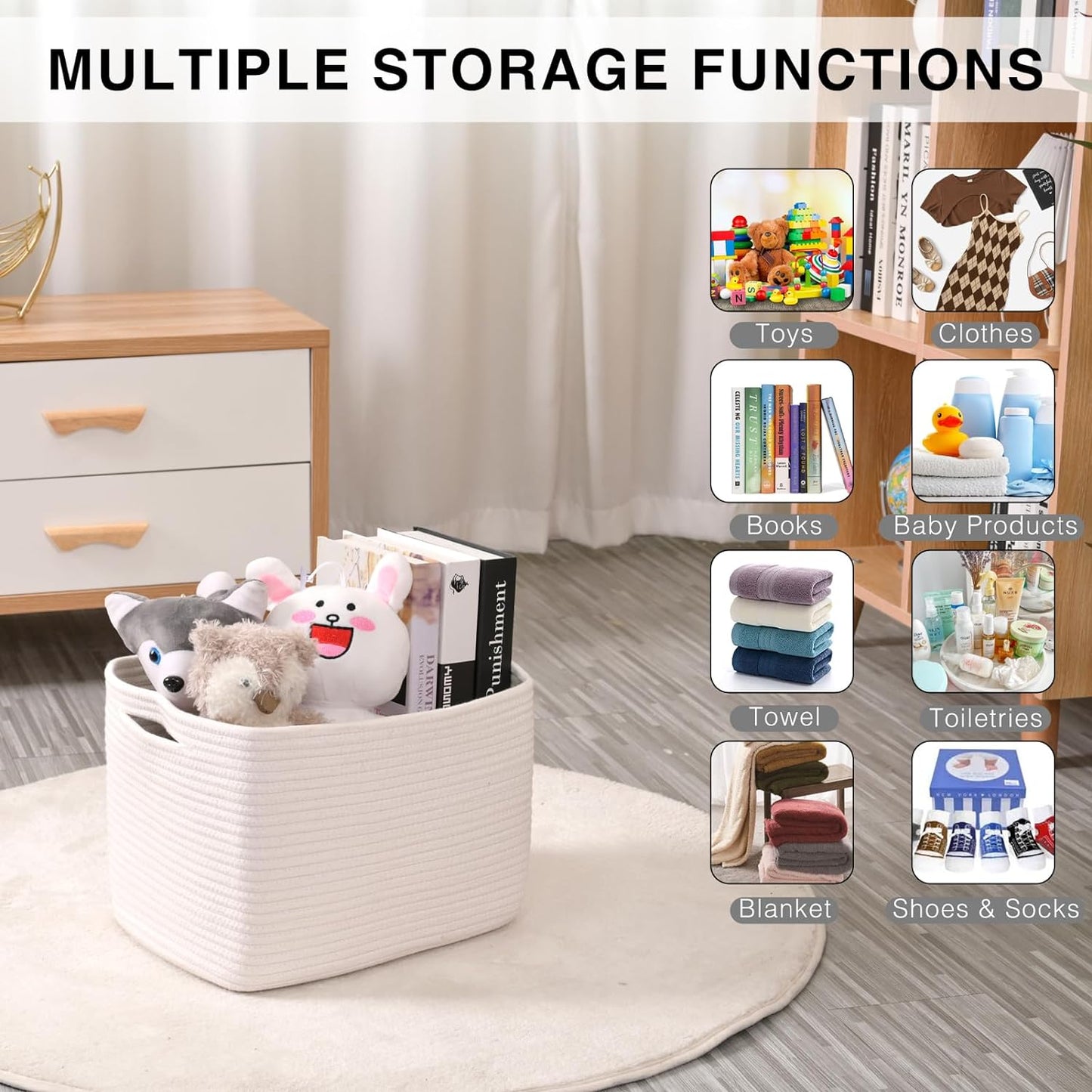 Storage Baskets for Organizing Shelves, Woven Cotton Rope Bins for Baby Nursery Organization, Book Toy Towel Organizer, 15"x11"x9.5", 3 Packs, Off White