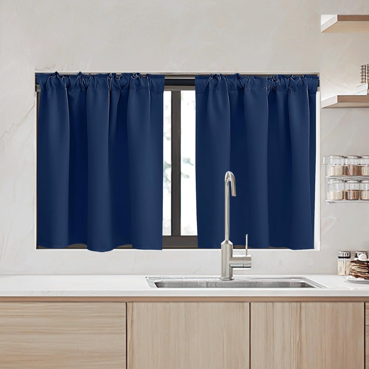 RYB HOME Kitchen Window Curtains - Blackout Privacy Half Window Curtains for Bedroom Bathroom Dining Living Room Cafe Office Short Tiers Drapes, W 34 x L 36 inches, 2 Panels, Navy Blue