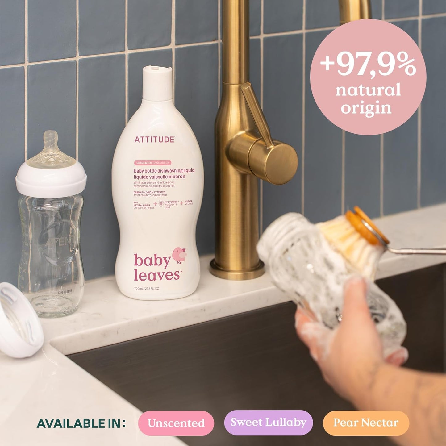 ATTITUDE Baby Dish Soap and Bottle Cleaner, EWG Verified Dishwashing Liquid, No Added Dyes or Fragrances, Tough on Milk Residue and Grease, Vegan, Sweet Lullaby, 23.7 Fl Oz