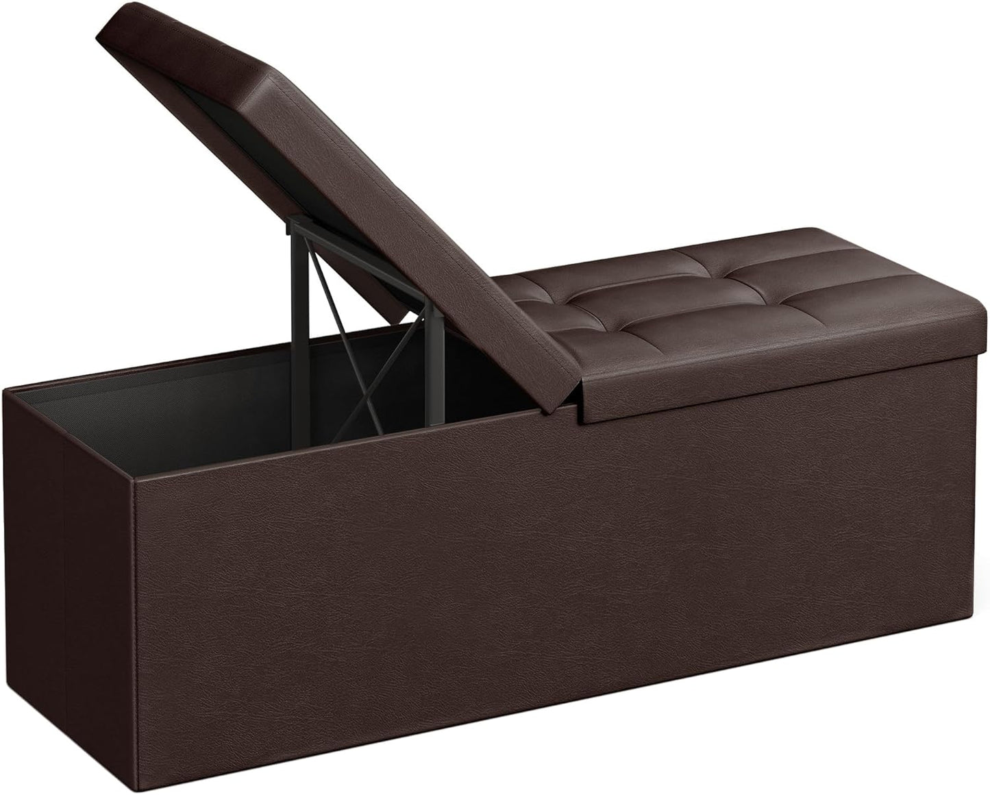SONGMICS MAZIE Collection - 43 Inches Storage Ottoman Bench with Flipping Lid, Storage Chest with Iron Frame Support, Load 660 lb, for Living Room, Bedroom, Synthetic Leather, Brown ULSF75BR