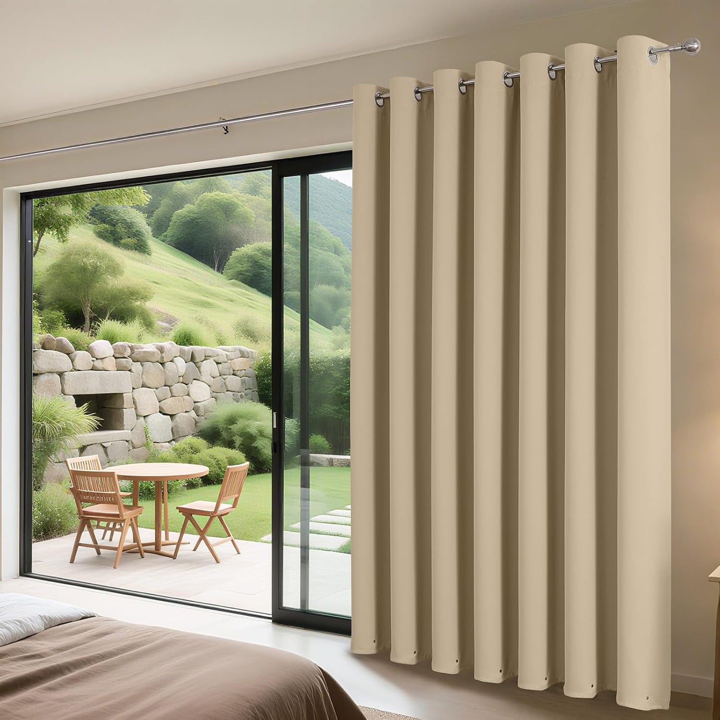 Joydeco Blackout Patio Sliding Door Curtains 90 Inches Long, Grommet Privacy Room Divider Curtains, Extra Wide Thermal Blackout Drapes for Bedroom Living Room (Light Beige, 100Wx90L, 1 Panel)