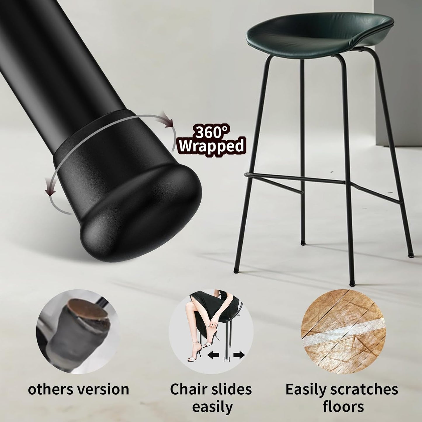 0.75 Inch Heavy Duty Rubber Chair Leg Caps - 24 PCS Non-Slip Furniture Floor Protectors with Metal Inserts for Wood, Tile, Carpet - Fits Chairs,Stools,Bar Stools