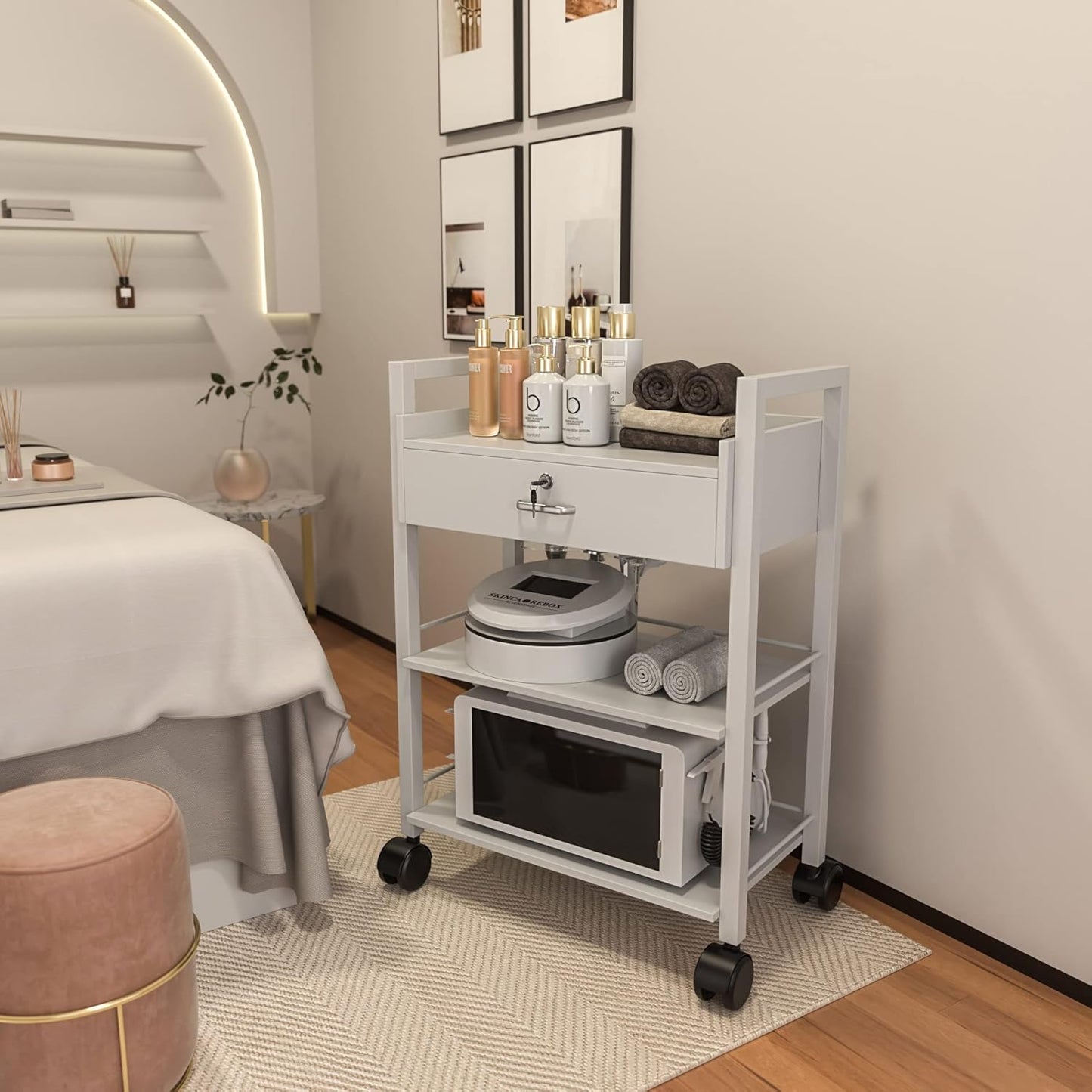 Paddie Salon Trolley Cart, Wooden Mobile Utility Cabinet Lab Cart with 1 Drawer 2 Trays, Rolling Storage Station Beauty Salon Rolling Trolley for Beauty Spa (White)