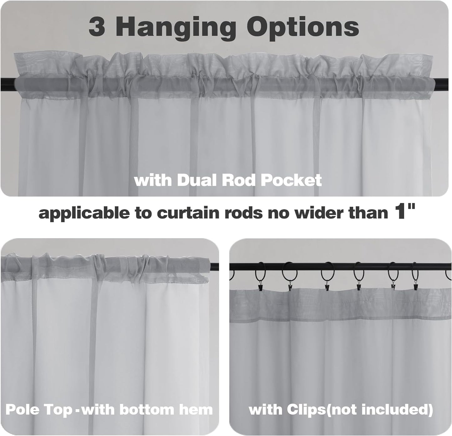 Chyhomenyc Sheer Light Grey Valances for Windows 2 Pack, Small Window Curtains for Living Room Bathroom Cafe Laundry Basement, Modern Top Dual Rod Pocket Voile Curtain, 42W x 14L inches
