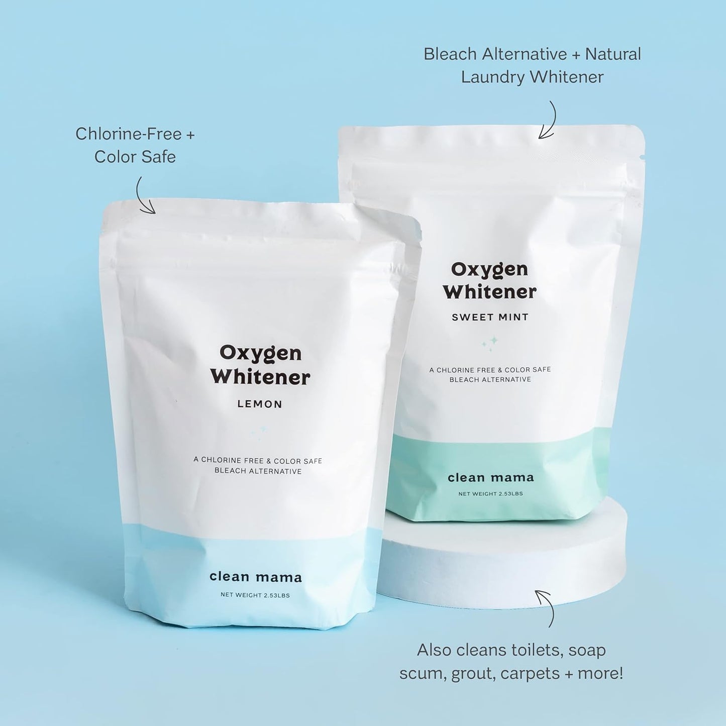 Clean Mama Natural Oxygen Whitener and Stain Remover - Color-Safe Natural Bleach Alternative - Plant-Derived Oxygen Powder, Whitens & Brightens Whites and Colors - Lemon, 2.53 lbs, 2 Pack