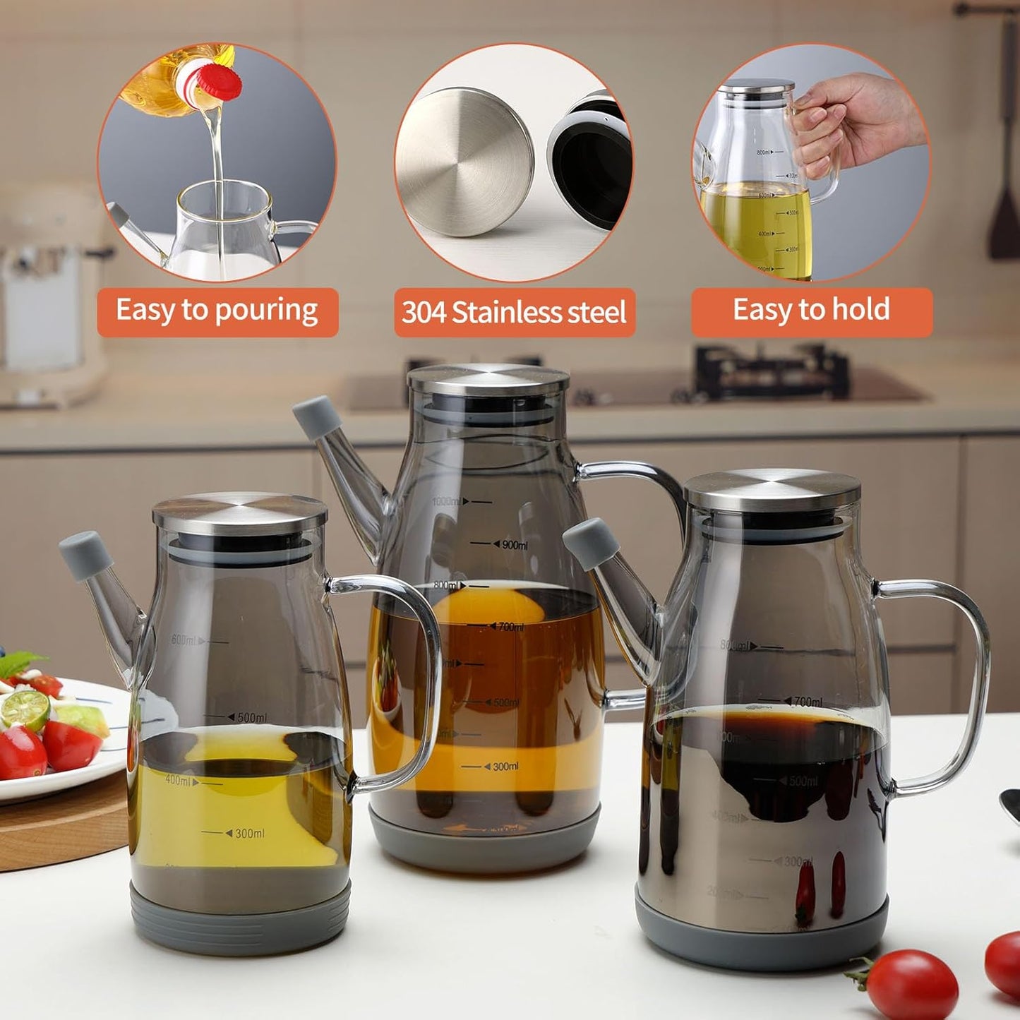 Large Glass Oil Dispenser Bottle for Kitchen Cooking Recipiente Para Aceite De Cocina Olive Oil Vinegar Dispenser Cruet Stainless Steel Lid No Drip Liquid Container (Grey, 20oz / 600ml)