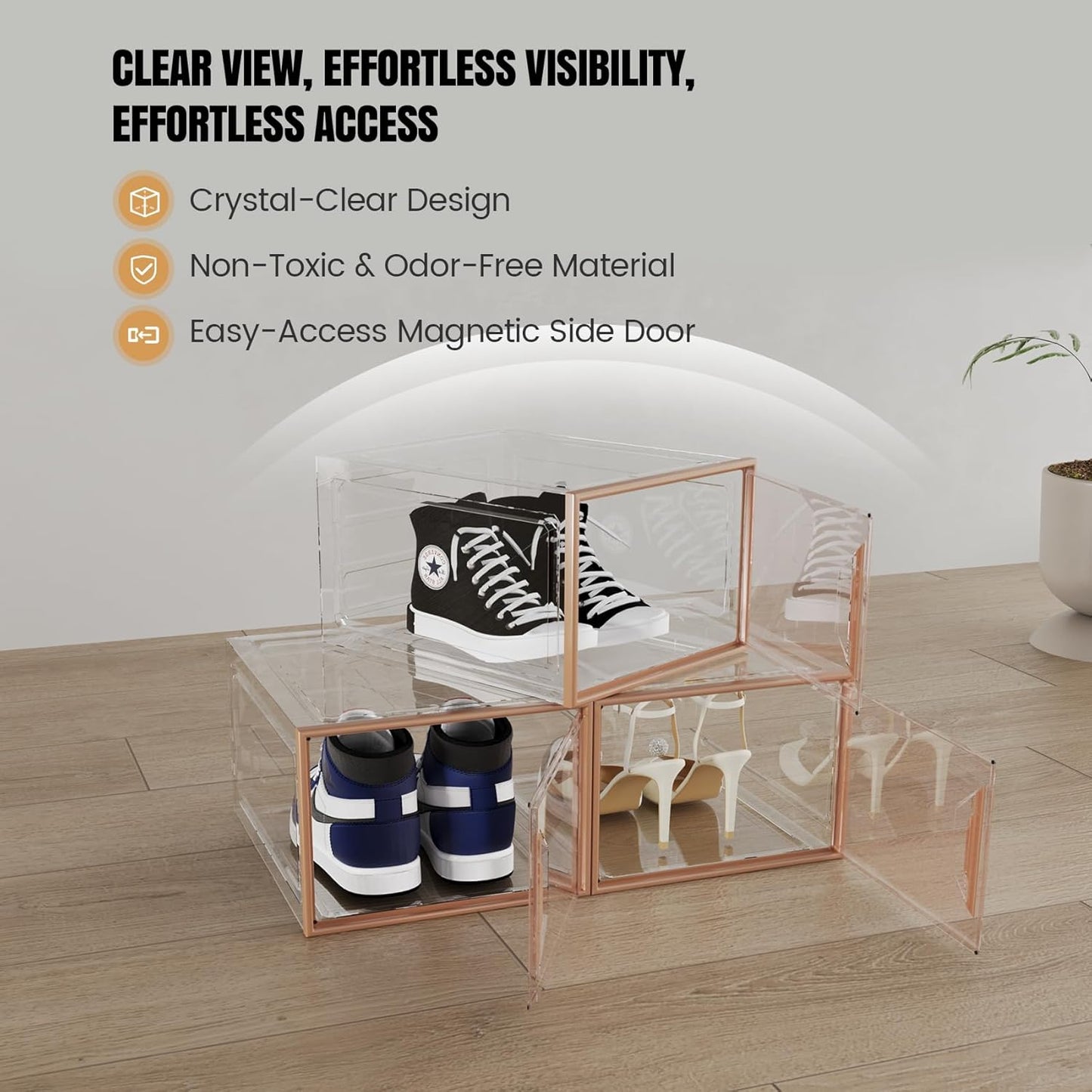 X-Large Stackable Shoe Boxes - Clear Plastic Shoe Storage Boxes with Magnetic Door, Thicken Shoe Organizer for Closet, Space Saving Foldable Shoe Containers Bins for Sneaker Boot - 8 Pack(Brown)