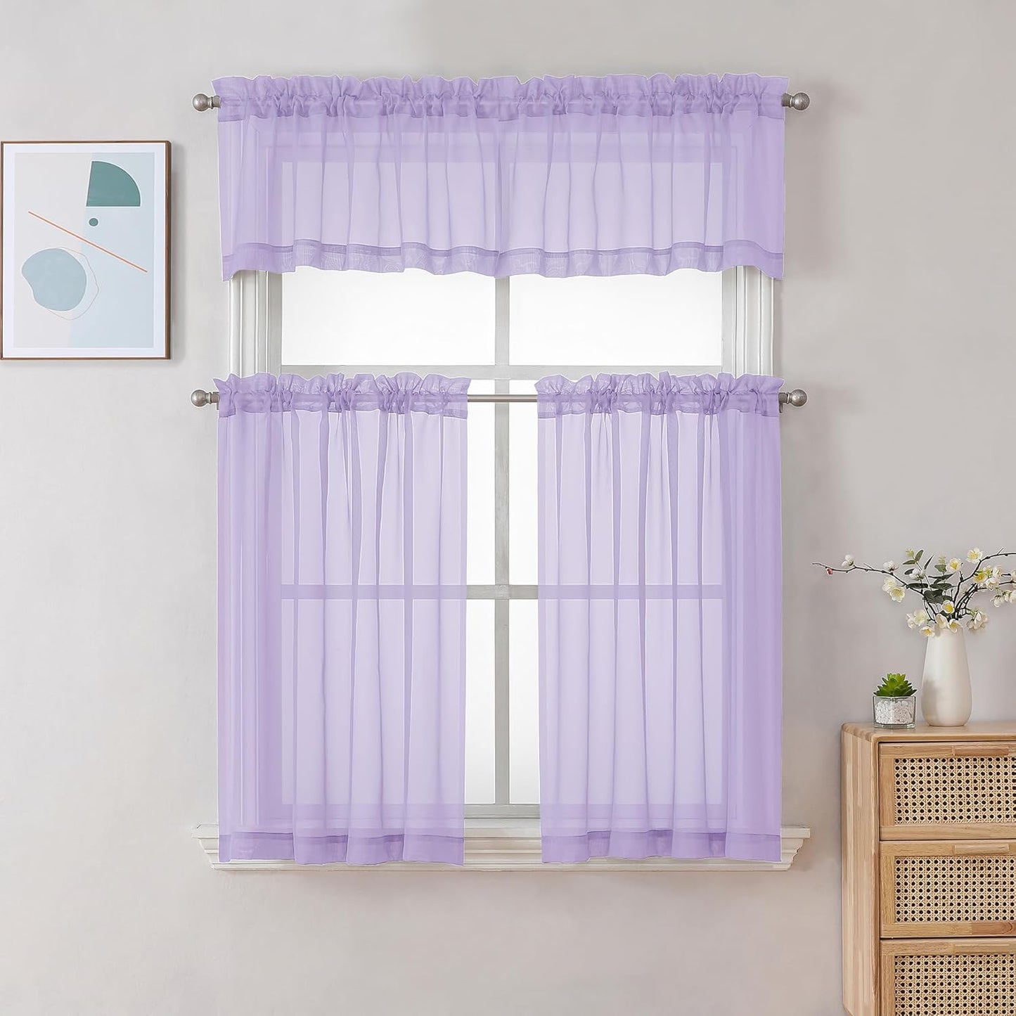 Chyhomenyc Lilac Sheer Curtains 36 inch Length 2 Panels, Light Filtering Voile Rod Pocket Short Window Curtians for Bathroom Living Room Farmhouse Small Windows, 42Wx36L inches