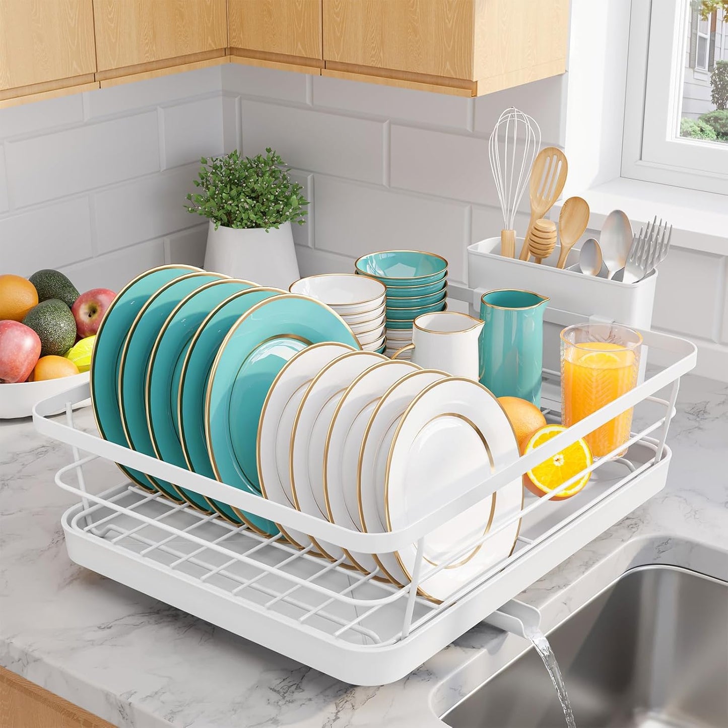 Stainless Steel Dish Drying Rack for Kitchen Counter, Sink Organization and Storage Essentials with Silverware & Utensil Holder, Home and Apartment Decor, 12''W x 15.6''L, White