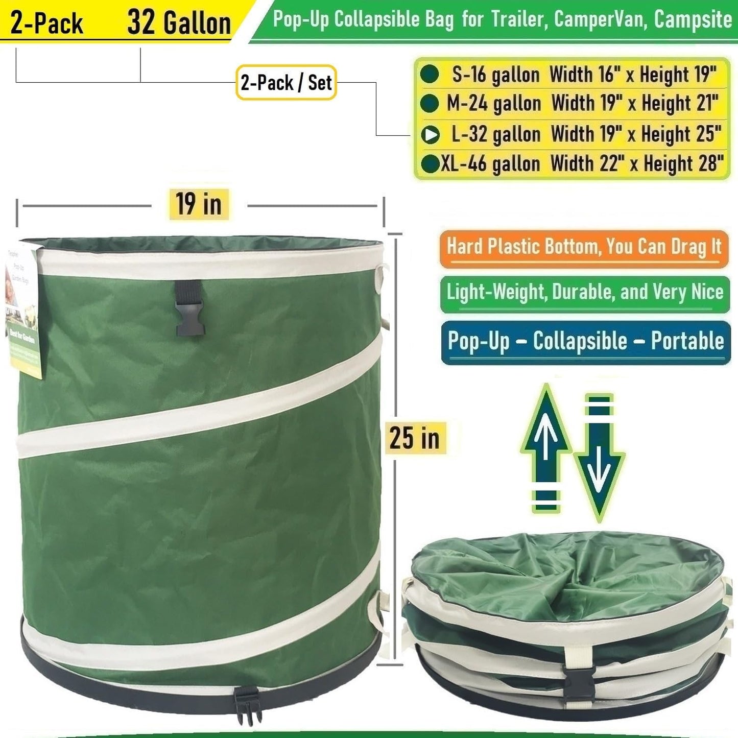 2-Pack 32 Gallon Collapsible Trash Can (19x25 in) Solid Bottom for Yard Waste Bag,Yard Debris Bag,Pop-Up Trash Can,Recycling Bin,Camping Waste Bin,Laundry Hamper,Lawn Grass,Garden Weeds Bags,Leaf Bags