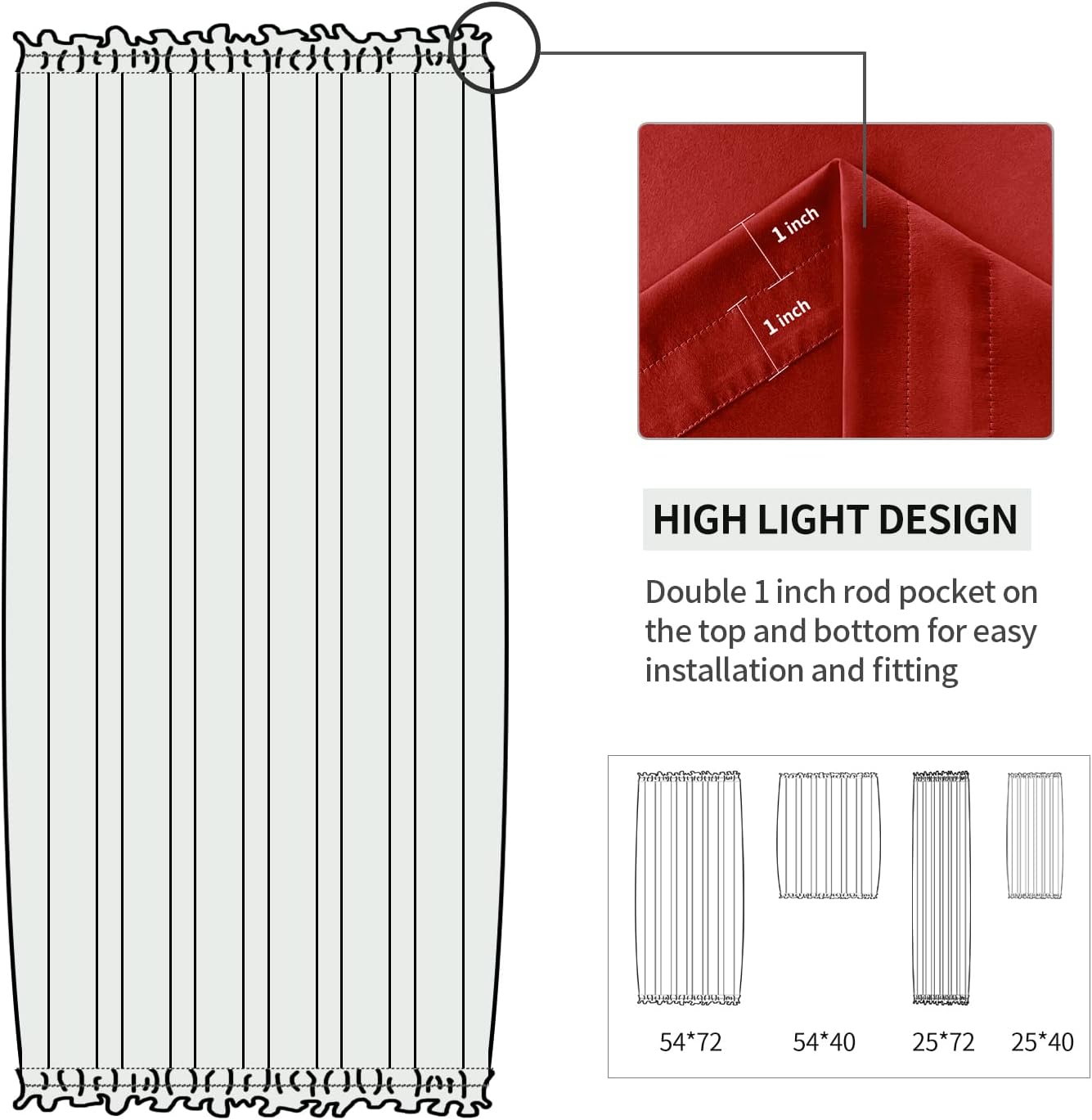 DWCN French Door Curtains – Rod Pocket Thermal Blackout Curtain for Doors with Glass Window, Christmas, Kitchen and Patio Doors for Privacy, 54 X 40 Inches Long, 1 Curtain Panel with Tieback, Red