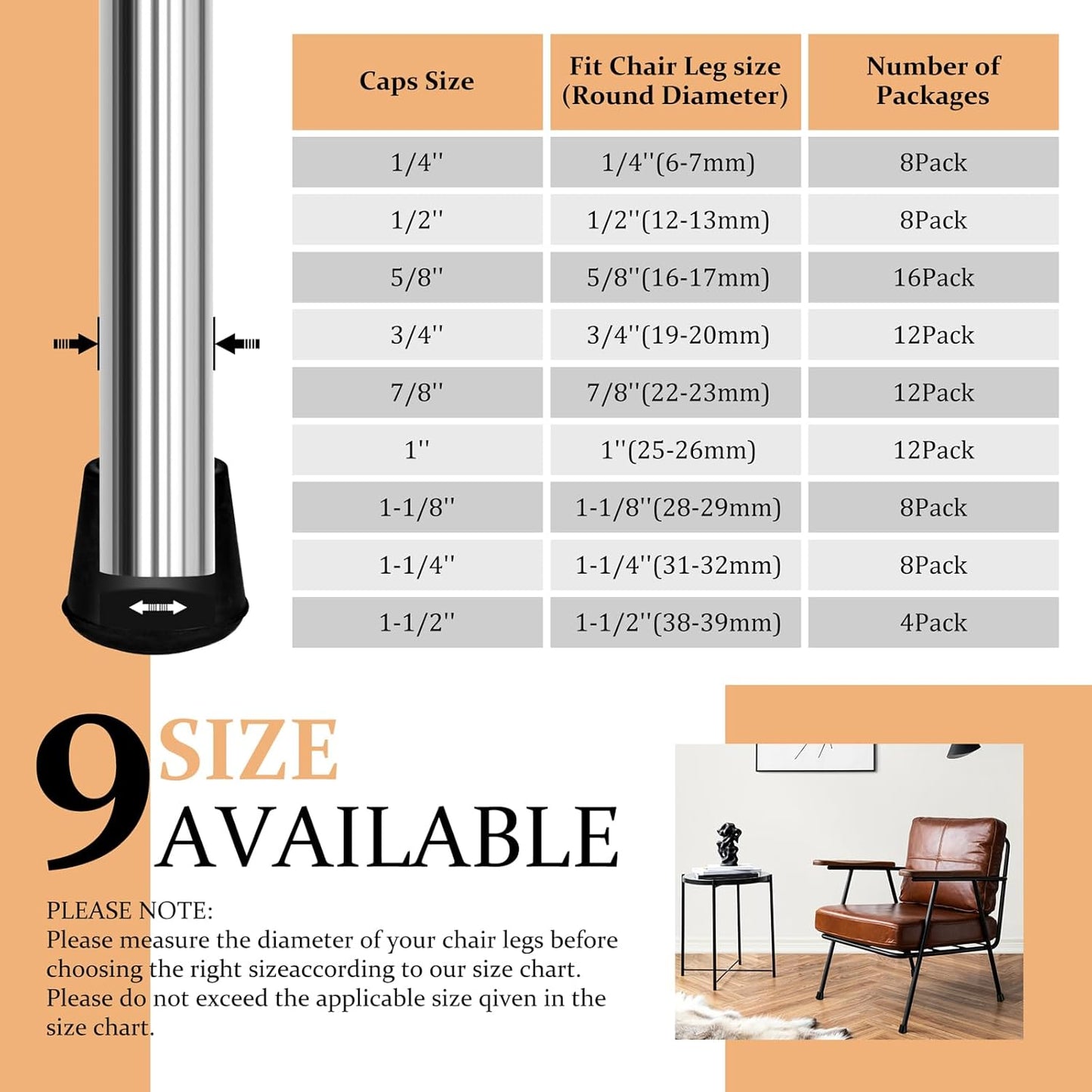 1" Round Rubber Chair Leg Tips Caps, Chair Leg Floor Protectors Furniture Legs Caps Non Slip Reduce Noise for Hardwood Floors (Black, 24 Pack)