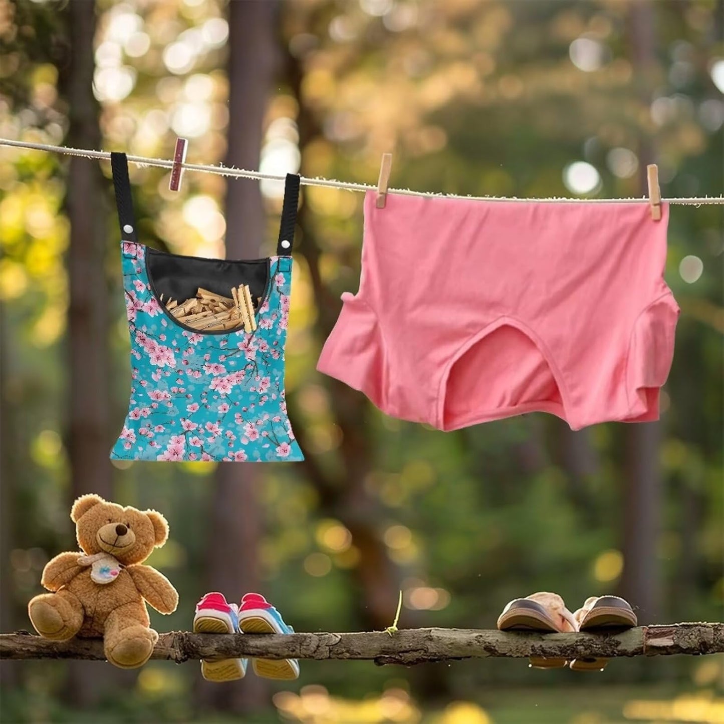 Cherry Blossom Clothespin Pouch Clothespin Bag with Hanging Hook Waterproof Clothes Pin Hanging Bag Space-Saving Clothespin Storage Organize Clothespin Bag for Clothesline Outdoor, 1 Pack