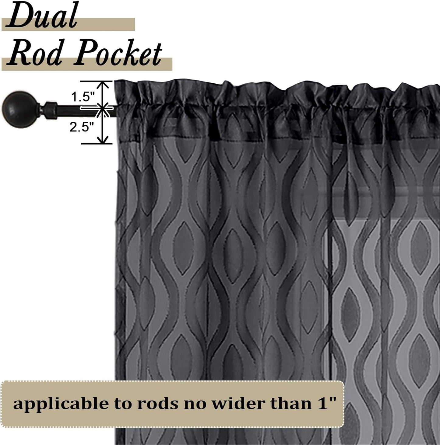 Aiyufeng Black Sheer Curtains Tiers 36 Inch Length 2 Panels Set, Airy Lightweight Clip Jacquard Small Window Curtains, Modern Wavy Line Textured Voile Sheer Curtains for Small Windows, 40"Wx36"L Inch