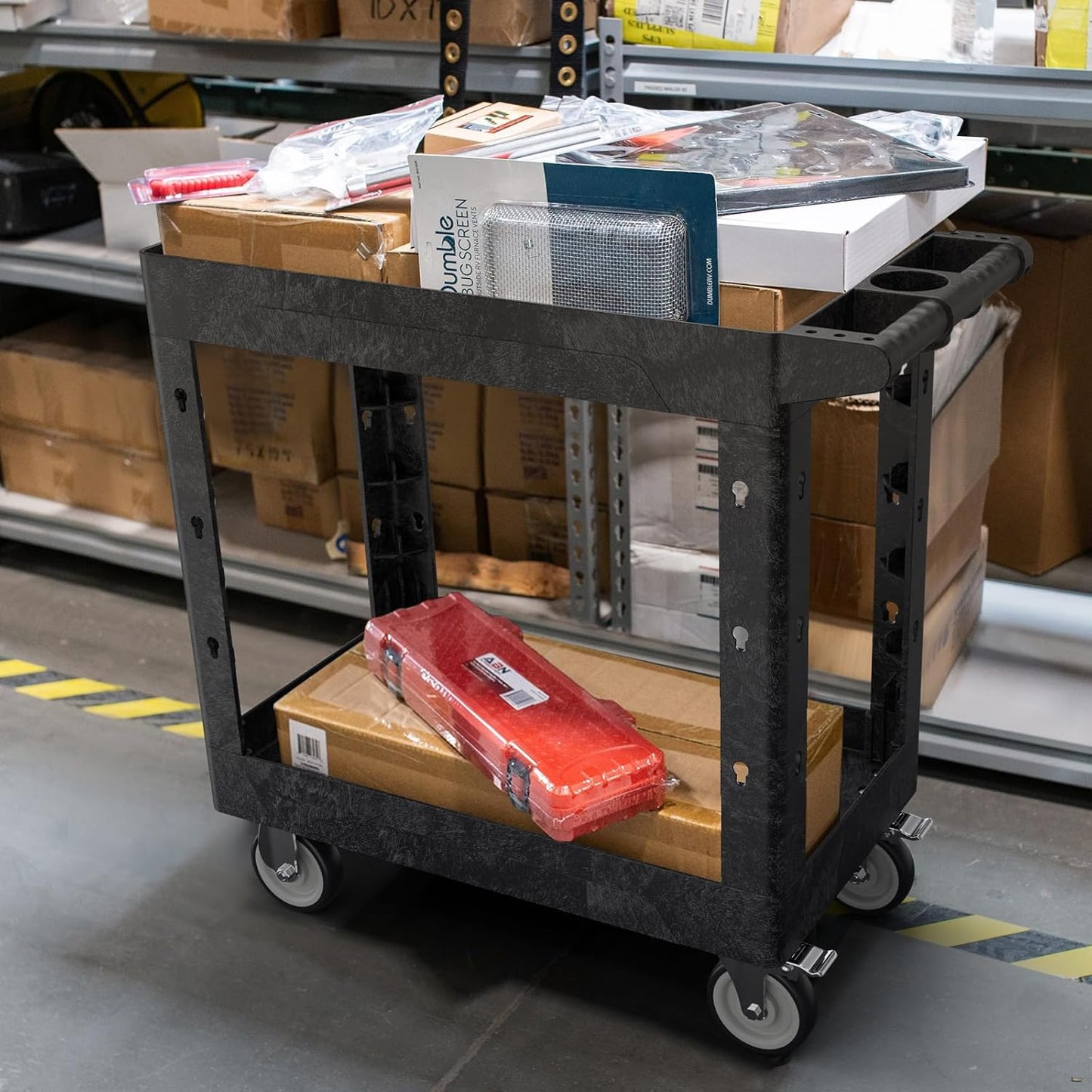 Large Garage Plastic Utility Cart, Heavy Duty 2 Shelf Tool Cart Service Cart Rolling Push Carts with Ergonomic Handle 5" Swivel Casters.