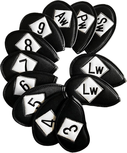 FINGER TEN Premium Synthetic Leather Stylish Iron & Wedge Golf Head Covers Value 12 Piece Set, Embroidered Labels & Fits Most Clubs Gift Set, Travel Protection Accessories