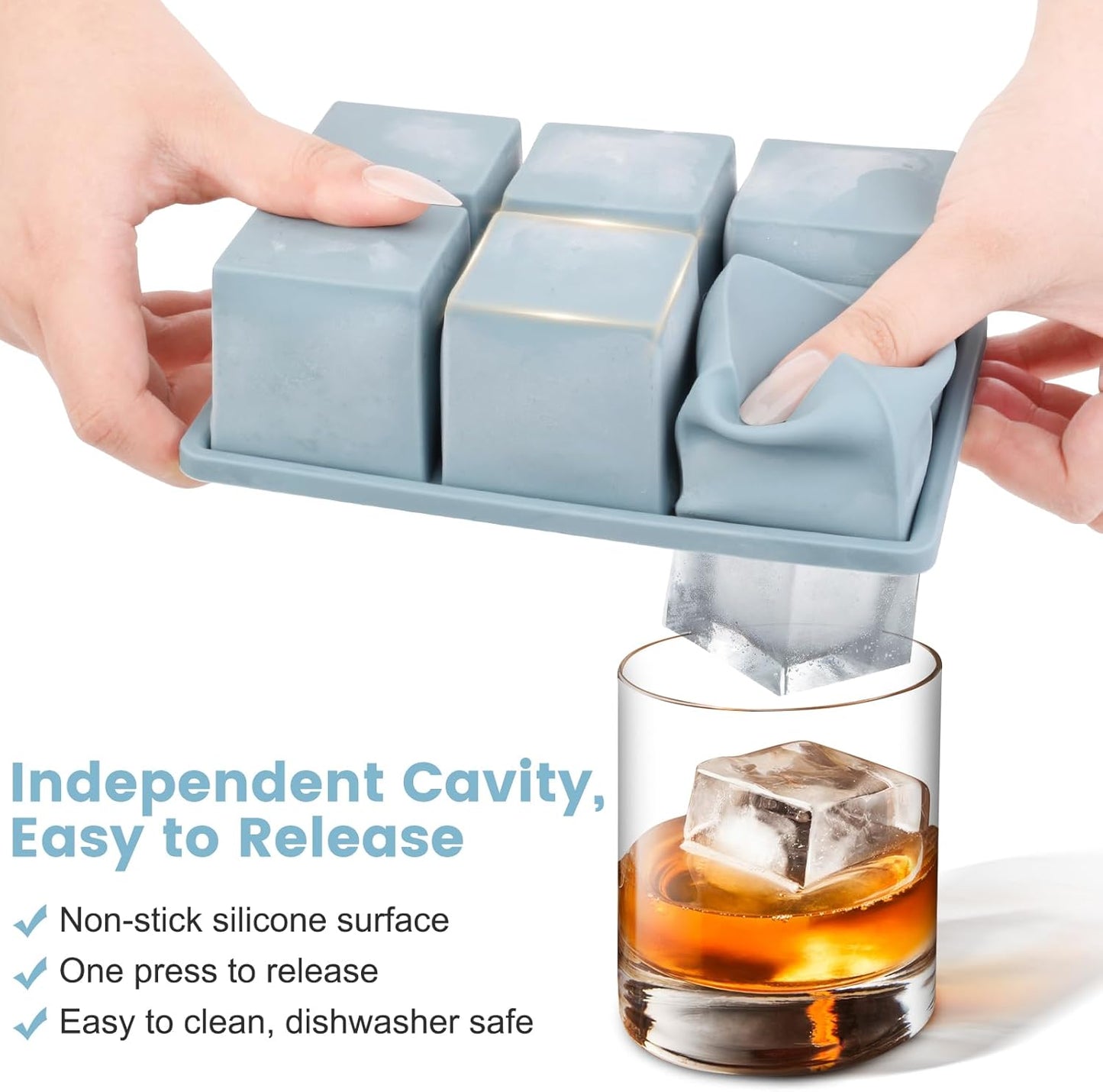 Large Silicone Ice Cube Tray 3Pack, SAWNZC Big Square Ice Cube Molds for Whisky Cocktail, Ice Maker Tray with Lid for Freezer, Easy Release (3, Blue+Grey+Yellow)