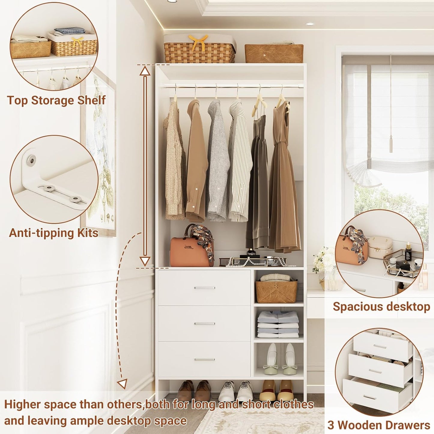 Aheaplus 2.5FT Closet System with 3 Drawers, 29.5’’ Closet Organizer, Wood Closet Organizer System, Walk-in Closet or Small Closets Wardrobe, Clothes Rack with Hanging Rods,-E6, White