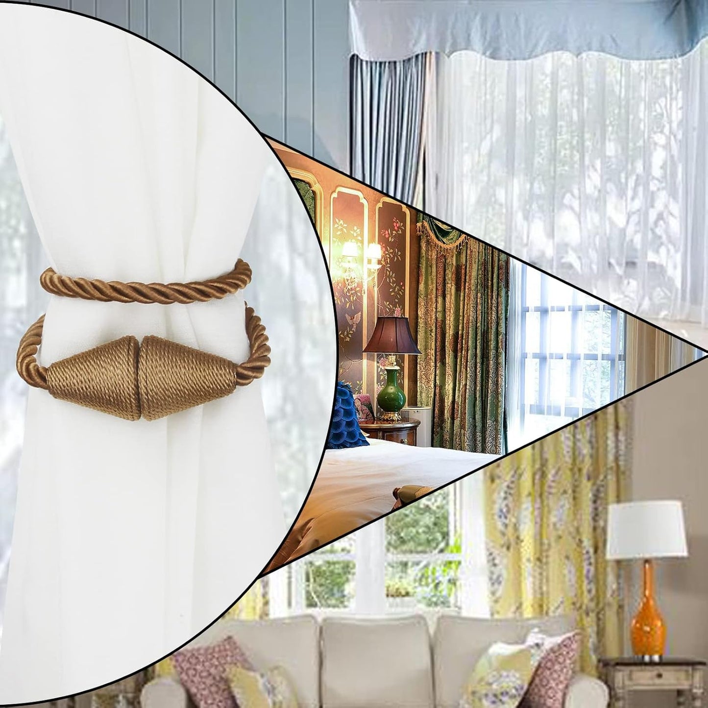6 Pack Magnetic Curtain Tiebacks Rope Modern Handmade Curtain Tie Backs Decorative Drapes Weave Holdbacks for Window Décor, Khaki