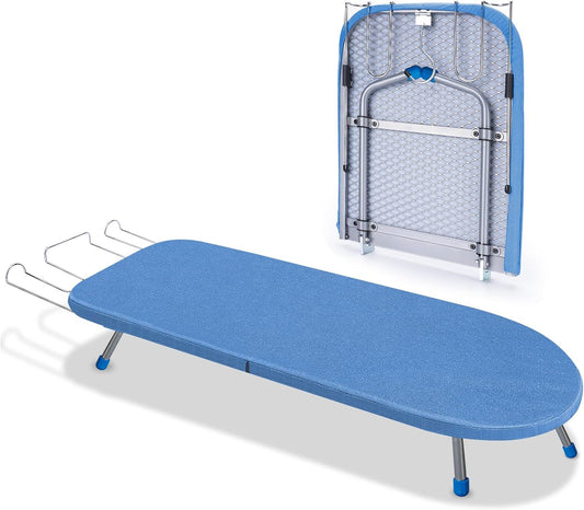 Tabletop Ironing Board with Iron Rest, 32" x12'' Metal Mesh Panel Mini Ironing Board with Heat Resistant Cover, Portable Small Iron Board Foldable for Dorms, Apartment and Travel, Blue