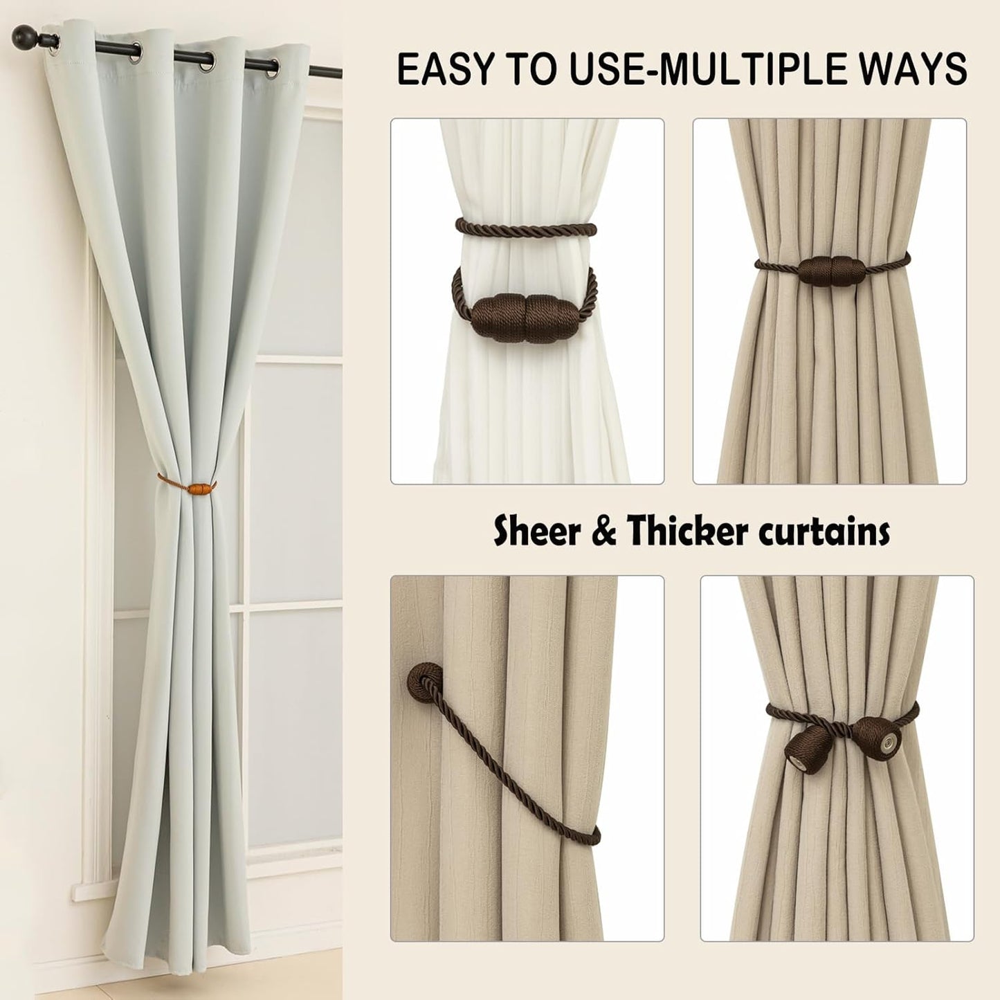 Magnetic Curtain Tiebacks Rope Curtain Tie Backs for Curtains 6 Pack Curtain Holders for Drapes Decorative Window Curtain Holdbacks, Coffee