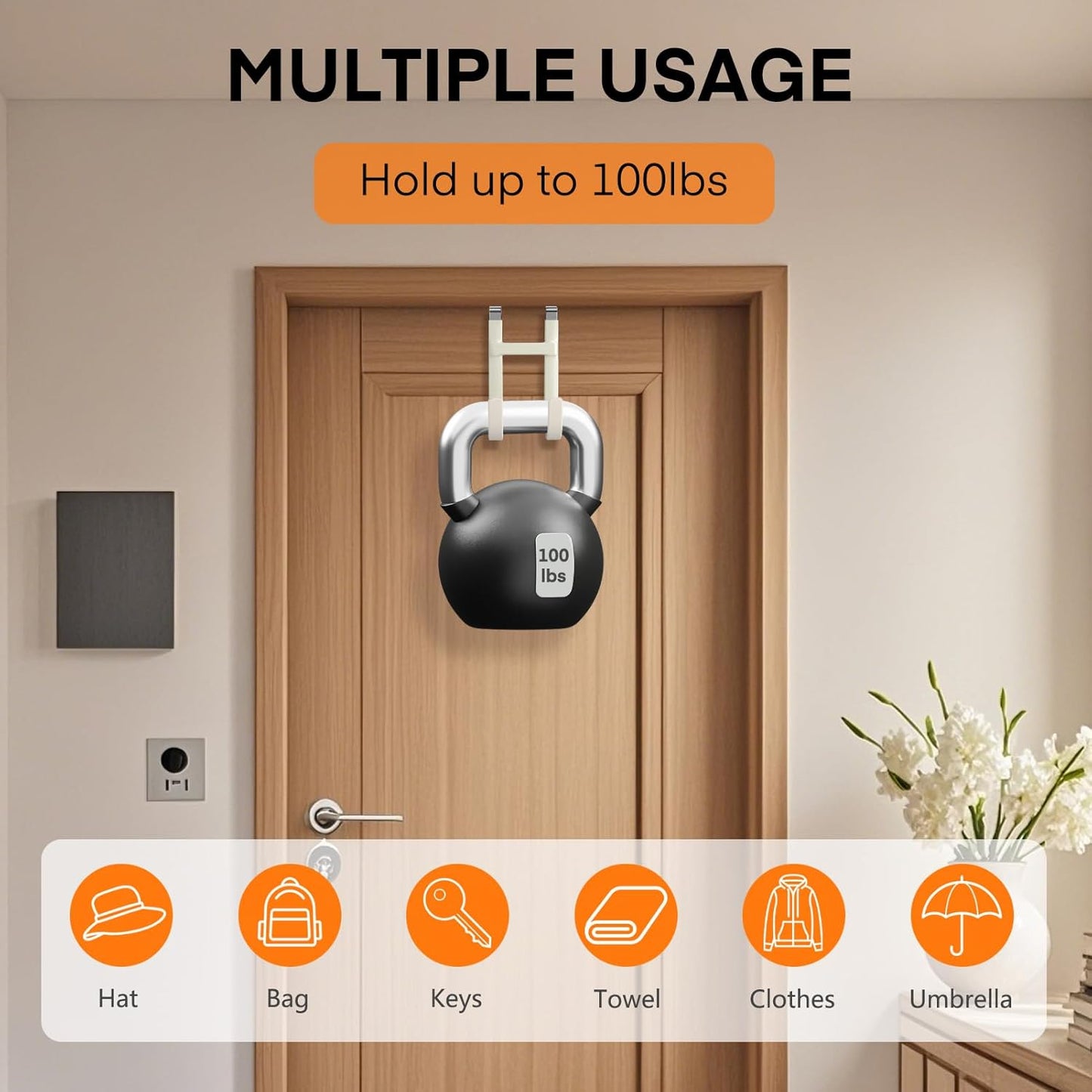 FYY Over The Door Hooks - 4 Pack Heavy Duty Dual-Hook Organizer Hanger with Non-Slip Rubber for Towels, Clothes, Hats & Bags Use in Bathroom, Bedroom, Kitchen - Fits Interior Doors Up to 1 3/8" Beige