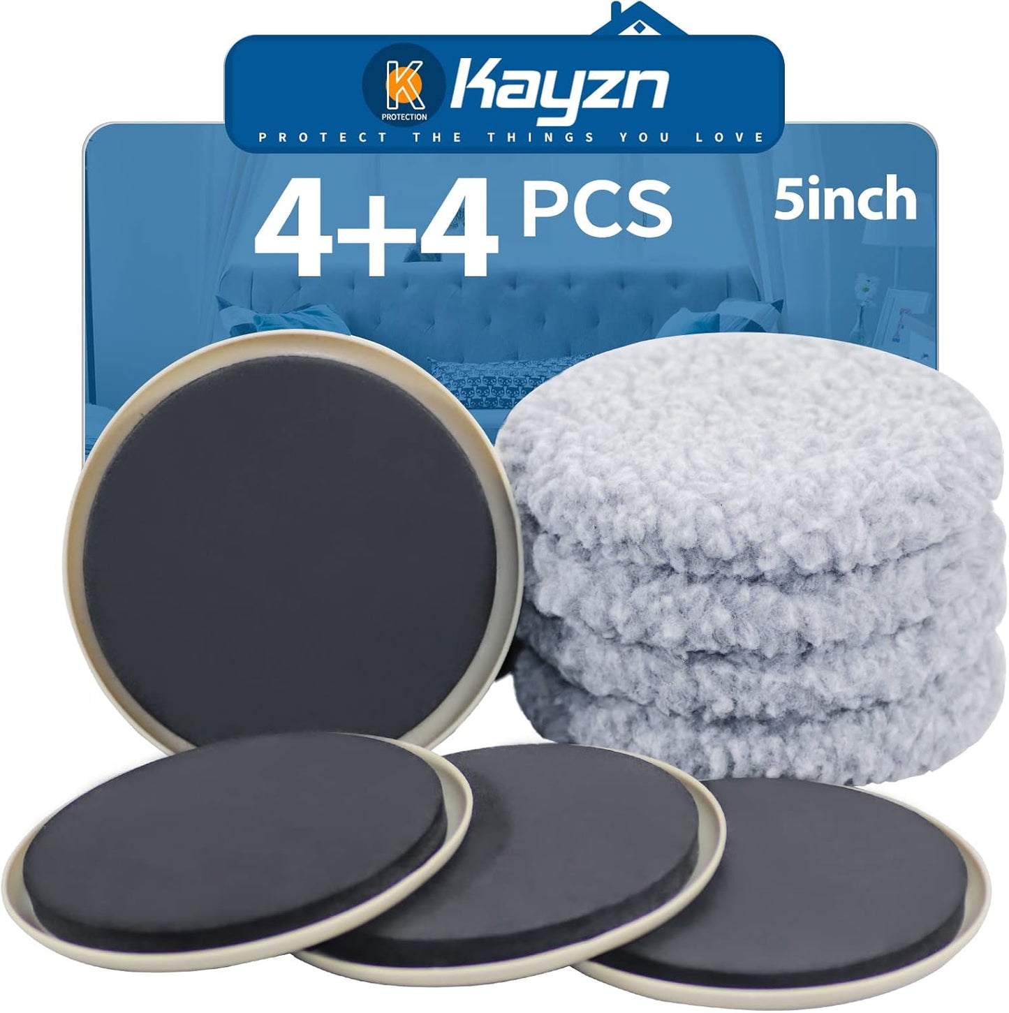 Furniture Sliders Multi-Surface 2-in-1 Reusable Moving Pads for All Floor Types - 4 Pack 5" Carpet Sliders and 4 Hardwood Socks - Protect Floor and Easier to Move Your Furniture