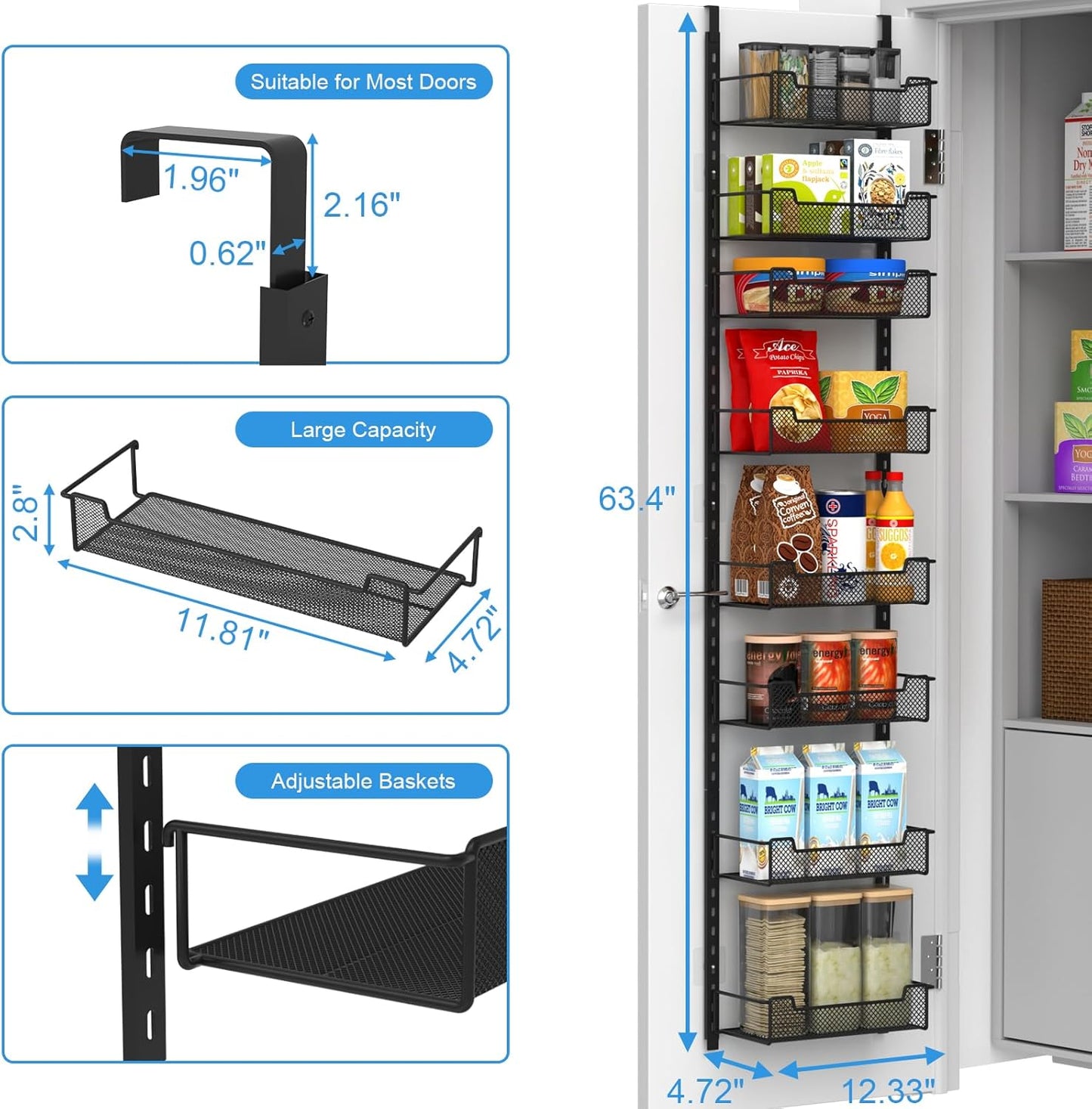 12.3" W Narrow Over the Door Pantry Organizer, 8-Tier Over the Door Organizer with Adjustable Basket, Pantry Door Organization for Pantry Kitchen Storage Room Spice Rack, Black