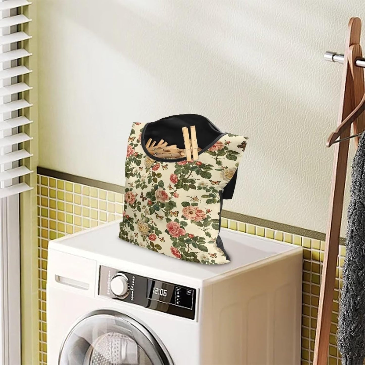 2 Pcs Floral Clothes Pin Hanging Bag with Hanging Rope 14.5 X 12 Inch Clothespin Bag for Clothes Pins and Clothespins - Heavy Duty Outdoor Use