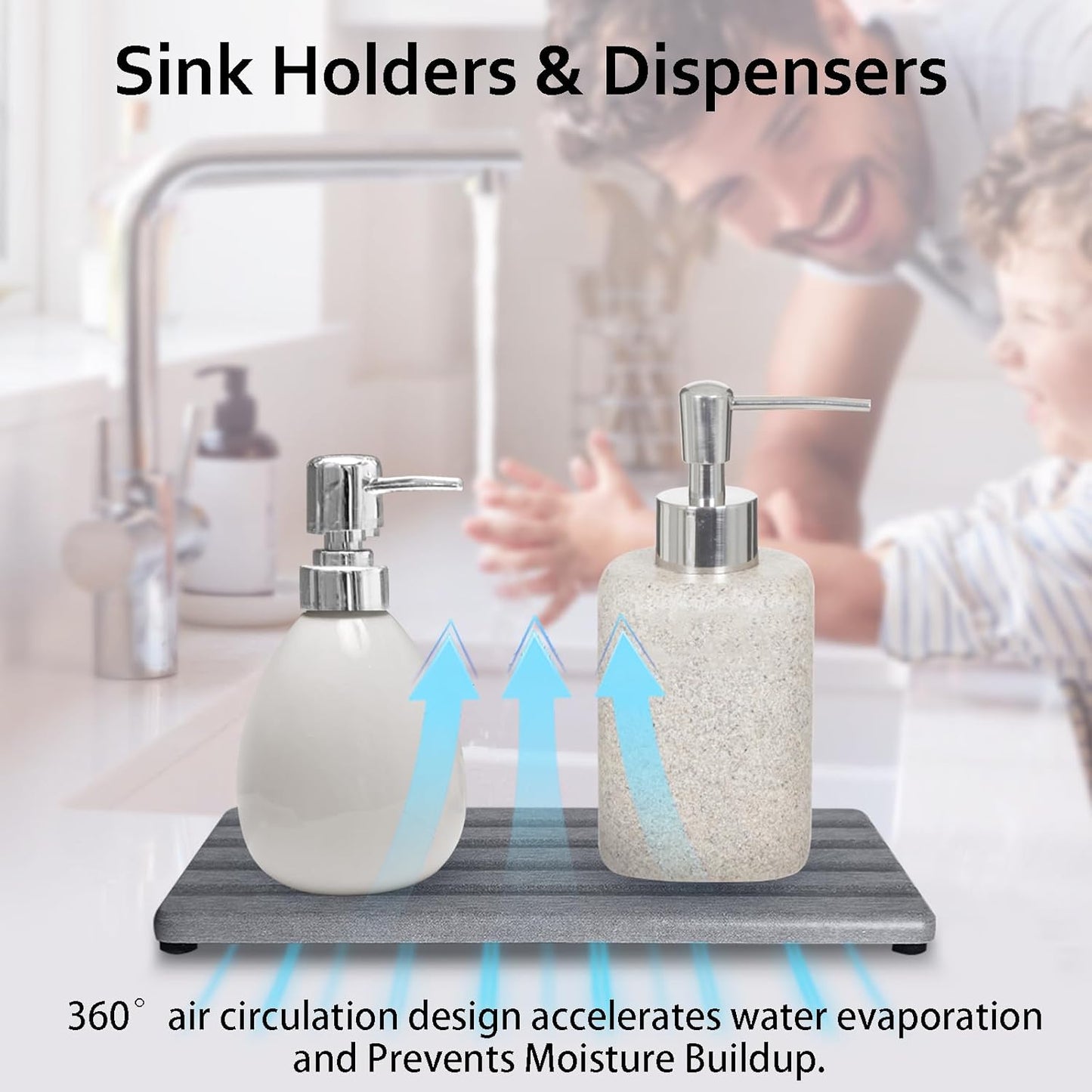 Diatomite Soap Dish, Water Absorbing Stone Tray, Kitchen Sink Organizer, Fast Drying Counter Holder (Grey, 9.5" x 4"/24 x 10cm)