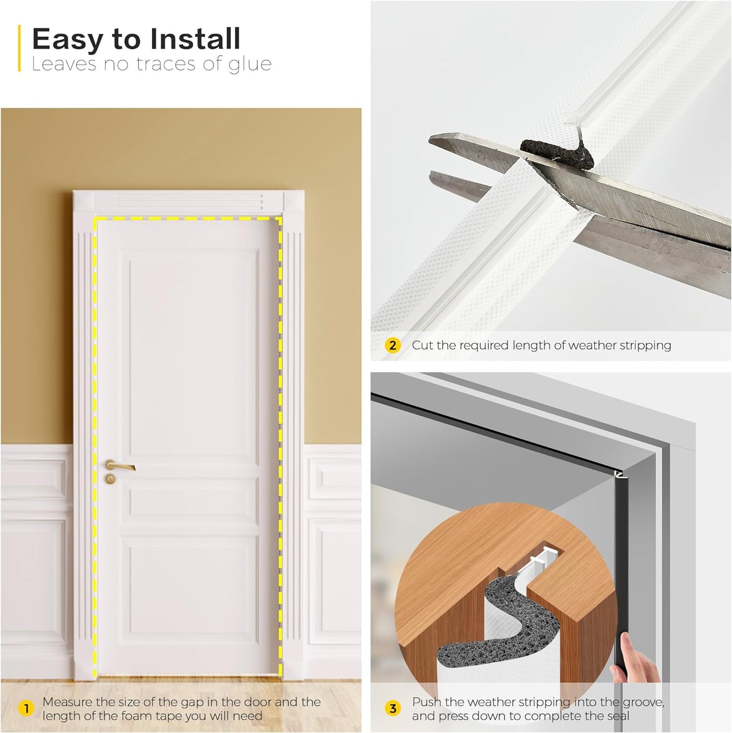 Weather Stripping Door Seal Strip - Soundproof Q-Shaped Foam for Exterior Door Frame, Large Gap Seal, Noise Cancelling, Easy to Install (White, 40FT)