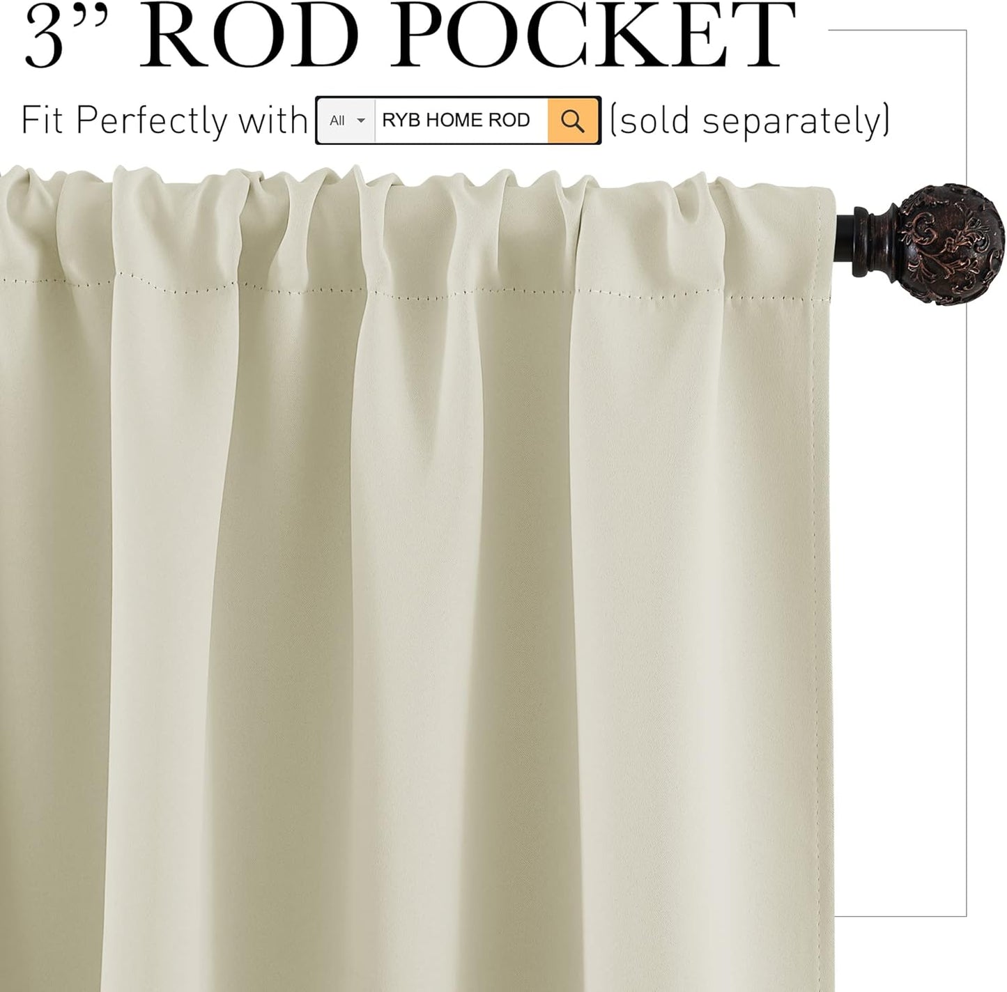 RYB HOME Short Curtains for Bedroom - Room Darkening Curtains Thermal Insulated Sunlight Block for Kitchen Cabinet Basement Bathroom Window Covering, W 52 x L 36, Beige, 2 Panels