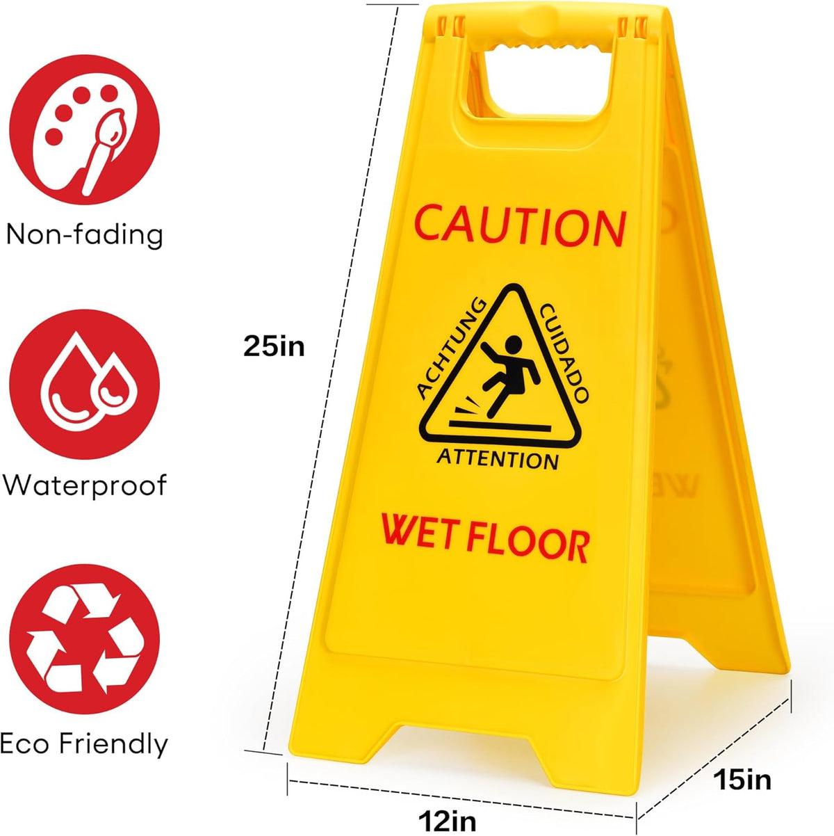 MATTHEW CLEANING 25'' Industrial Wet Floor Sign 3 Pack 2-Sided Safety A-Frame Birght Yellow Multilingual Warning Signs Commercial Caution Wet Fold-out Floor Signs For Indoors and Outdoors